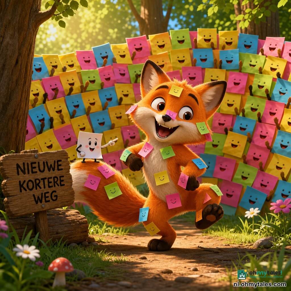 Een antropomorfe feloranje vos met donzig pelsje, grote ronde oren en stralende ogen, vrolijke glimlach, bezaaid met gekleurde post-its op staart, poten en snuit terwijl hij een speels "één-twee" dansstapje doet met één poot omhoog; achter hem een grote muur van meerkleurige post-its (geel, roze, groen, blauw) met kleine glimlachende gezichtjes vormt een halve cirkel en lijkt te klappen en zingen, een klein wit post-it-personage met verlegen glimlach en wijzend vingertje zit op de staart van de vos; locatie: bosopen plek in de ochtend met zacht groen gras, gestructureerde boomstammen, een oud omgevallen houtstronk met een houten bord "NIEUWE KORTERE WEG", warme zonnestralen door bladeren, enkele simpele bloemen en een bospad; sfeer: dwaze, tedere en licht surrealistische scène, verzadigde kleuren, scherpe contouren en zichtbare texturen (papierkorrel, pels, houtnerf).