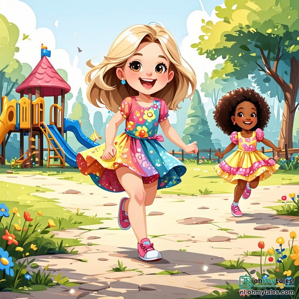 Een 4-jarig meisje, Lotte, met lange blonde haren en sprankelende ogen, glimlacht vrolijk terwijl ze speelt op een mooie speeltuin. Ze draagt een kleurrijke jurk met bloemenpatronen en rent naar een ander meisje. Amina, een 5-jarig meisje met een gebruinde huid en krullend haar, draagt een mooie kleurrijke jurk en lacht terwijl ze achter Lotte aan rent. Ze komt uit een ver land en lijkt blij om met haar nieuwe vrienden te spelen. Emma, een 4-jarig meisje met kastanjebruin haar en vlechten, staat bij een glijbaan, glimlachend en kijkend naar Lotte en Amina die samen spelen. Sam, een 4-jarige jongen met bruin haar en een bril, zit op een schommel en moedigt hen aan. De plek is een zonnige speeltuin, omringd door groene bomen en kleurrijke bloemen, met schommels, een glijbaan en een zandbak waar andere kinderen spelen. De belangrijkste situatie toont Lotte en Amina die samen rennen en lachen, terwijl Emma en Sam hen met glimlachen aankijken, wat de vriendschap en tolerantie tussen kinderen van verschillende achtergronden illustreert.