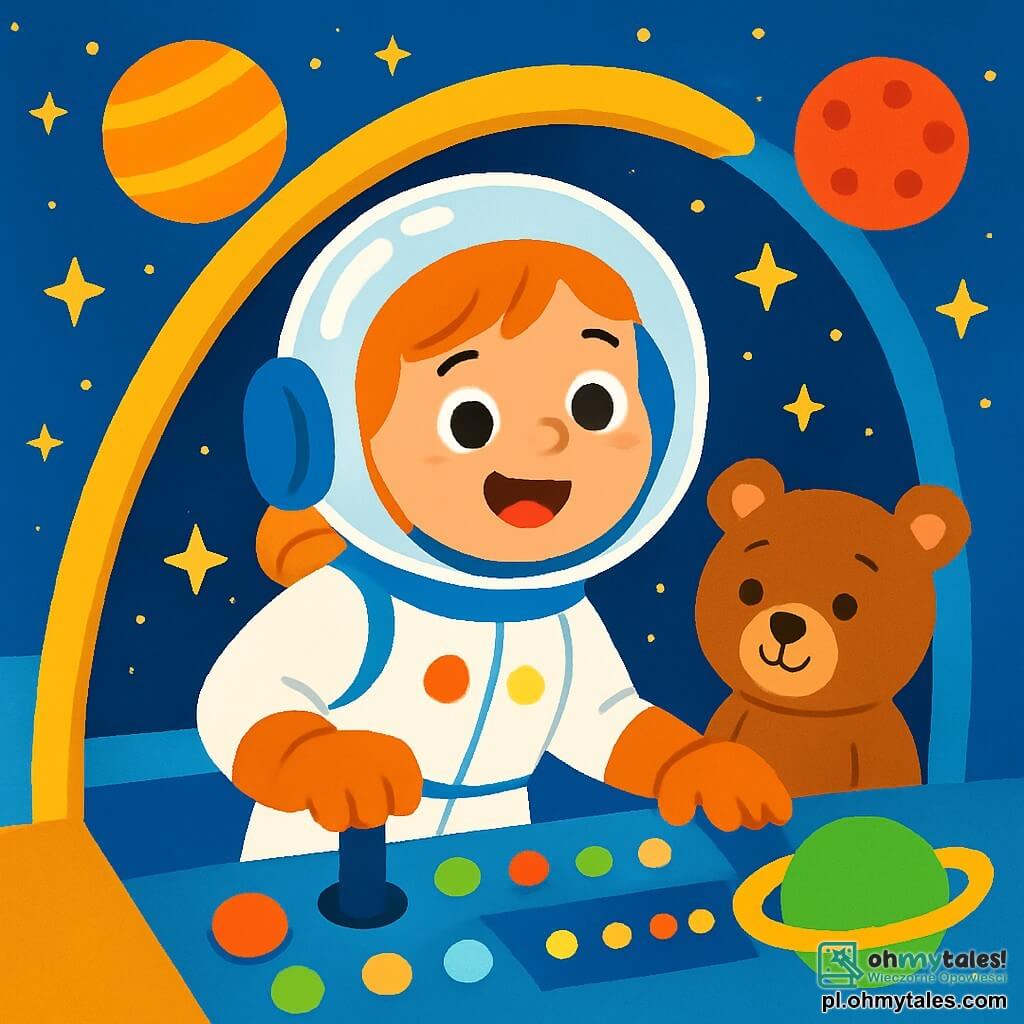Młoda astronautka Zosia z szerokim uśmiechem i błyszczącymi oczami nosi lśniący skafander i przezroczysty hełm. Stoi wewnątrz swojego statku kosmicznego, otoczona kolorowymi przyciskami i migającymi światłami. Obok niej siedzi mały pluszowy miś o brązowym futerku i okrągłych oczach, który radośnie patrzy na Zosię. Statek przelatuje przez gwiaździste niebo, pełne jaskrawych i błyszczących planet. Jasne gwiazdy oświetlają przestrzeń, tworząc magiczną atmosferę. Zosia jest gotowa do nowej przygody, trzymając ręce na sterach, niecierpliwie czekając na odkrywanie nowych światów.