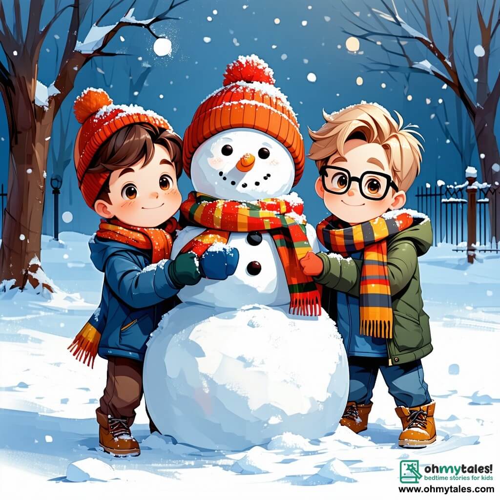 Four joyful six-year-old boys stand in the center of a snowy park. Max, with brown hair and sparkling eyes, wears a blue jacket and a red hat, smiling as he holds a large snowman. Leo, with blond hair and glasses, is dressed in a green jacket and a striped scarf, preparing to throw a snowball. Sam, with brown hair and rosy cheeks from the cold, wears a bright yellow coat and is gathering snow to make a snowball. Finally, Finn, a little boy with black hair and curious eyes, is in an orange ski suit, watching in wonder as snowflakes fall around them. The park is a winter wonderland, with majestic snow-covered trees, white hills inviting to slide, and a bright blue sky dotted with clouds. Snowflakes sparkle in the air, creating a magical and joyful atmosphere. The four friends are playing together, building a snowman, laughing, and throwing snowballs, capturing the spirit of a joyful winter day filled with friendship.