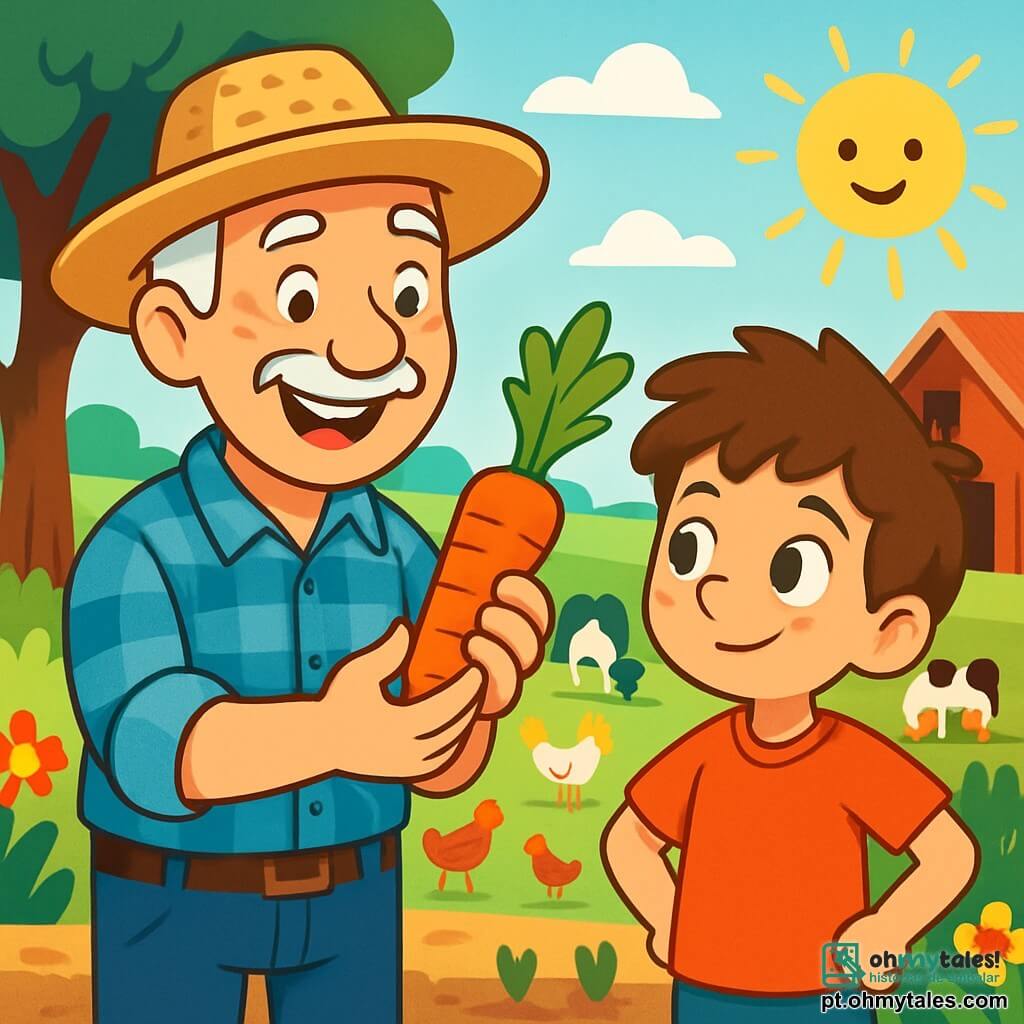 Um homem sorridente, o Senhor Joaquim, está de pé no meio de sua fazenda, usando um grande chapéu de palha e uma camisa xadrez azul. Seus olhos brilham de alegria e ele segura uma cenoura fresca nas mãos, pronto para mostrá-la ao seu jovem amigo. Ao lado dele, Pedro, um garoto de 7 anos com cabelos castanhos bagunçados e grande curiosidade no olhar, observa atentamente a cenoura, com as mãos na cintura, em um chão de terra batida. A cena acontece em uma fazenda ensolarada, cercada por campos verdes e flores coloridas. Ao fundo, vêem-se animais, como vacas tranquilas e galinhas ciscando o chão, enquanto uma grande árvore faz sombra em parte do quintal. O Senhor Joaquim explica a Pedro como cultivar legumes, com gestos animados e um grande sorriso, enquanto o sol brilha em um céu azul claro, criando uma atmosfera alegre e acolhedora.