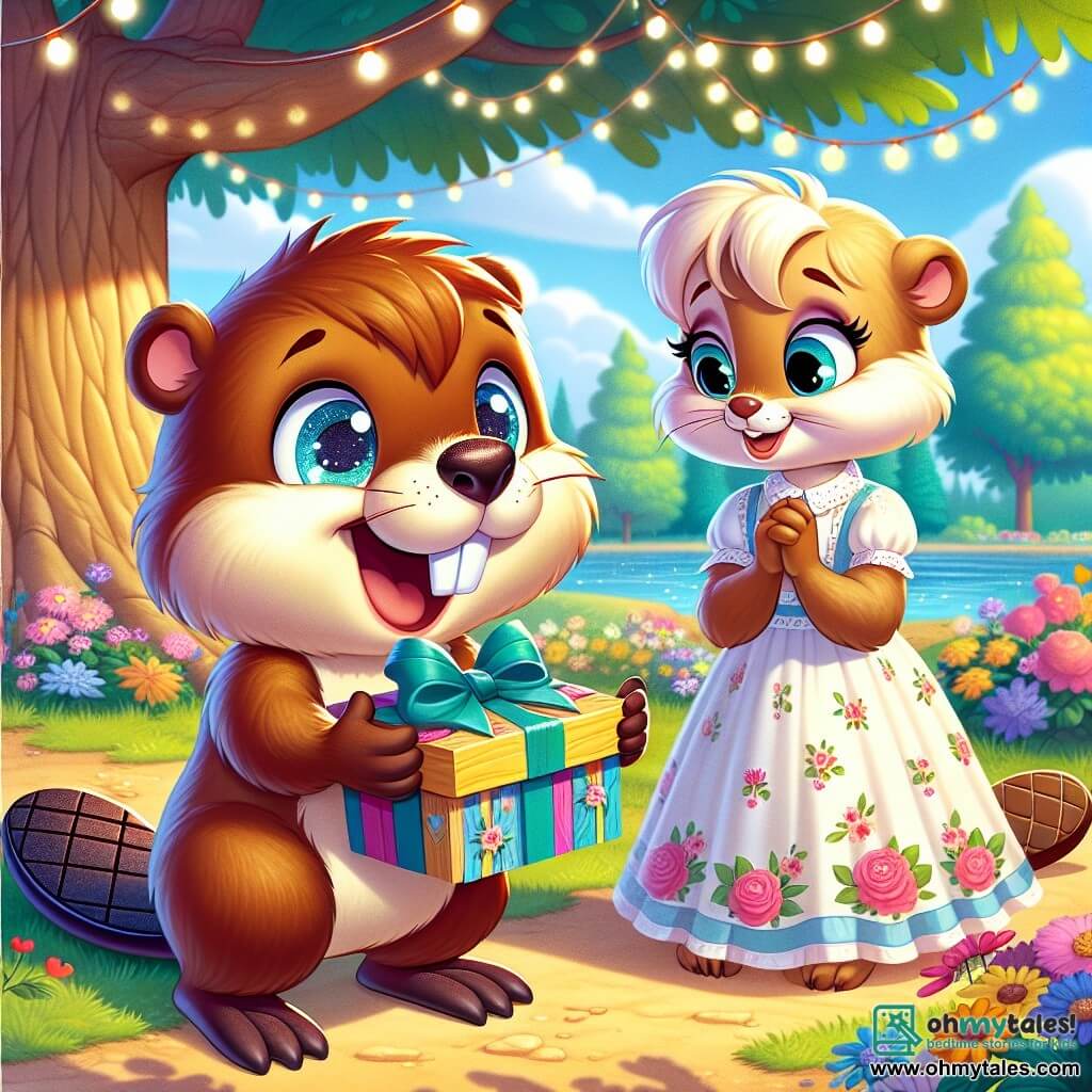 Benny the beaver, a cheerful little character with shiny front teeth and soft brown fur, stands under a large oak tree, his eyes sparkling with excitement. He holds a colorful wooden box, painted blue and yellow, with a big smile on his face. Next to him, his mom, Betty the weasel, is a beautiful creature with cream fur and gentle eyes, looking at the box with wonder and tears of joy in her eyes. She wears a pretty floral dress and leans slightly forward, ready to discover the gift. The setting is a sunny park filled with colorful flowers and children's laughter, with majestic trees and strings of twinkling lights hanging in the air. The main scene shows Benny proudly presenting his gift to his mom, a tender and moving moment for Mother's Day, where love and joy blend under the blue sky.