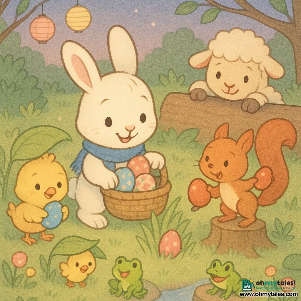 Anthropomorphic white rabbit (main character) with a joyful, kindly expression, rosy cheeks and a blue scarf holds a small wicker basket of painted eggs and hides a pink egg behind a tuft of grass; fluffy yellow chick (secondary) looks curious and happy, scratches under a nearby leaf and holds a blue egg between its wings; woolly lamb (secondary) is gentle and smiling with rounded legs, peeking behind a large log to find a yellow egg; russet squirrel (secondary) is lively and mischievous with a bushy tail, lifting a leaf and brandishing a red egg atop a small stump to the right; small green frog (secondary) is surprised and joyful, croaking on a flat stone near a sparkling stream; spring garden setting with soft green grass, pastel pea-flowers and small bushes, smooth stones in the stream, a large log, pastel paper lanterns hanging from branches and a soft twilight sky; main scene: a joyful, colorful Easter egg hunt with simply patterned painted eggs (dots, stripes, flowers), friends laughing and sharing, centered composition on the rabbit hiding the egg, warm tender lighting, pastel palette, rounded contours and soft paper texture.