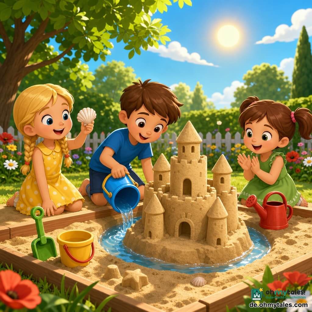 Drei Kinder im sonnigen Sommergarten vor einem großen Sandkasten: Lina, ca. 6, blonde Zöpfe, gelbes gepunktetes Kleid, hält eine schimmernde Muschel in der rechten Hand und steht links vom hellbeigen Sandburg lächelnd; Max, ca. 7, kurze braune Haare, blaues T‑Shirt, kniet in der Mitte und gießt mit einem kleinen Eimer Wasser an den Fuß der Burg; Emma, ca. 5, kastanienbraune Pferdeschwänze, grünes Kleid, klatscht fröhlich und steht rechts neben der Burg neben einer roten Gießkanne. Die Sandburg hat runde Mauern, konische Türme und einen kleinen mit Wasser gefüllten Graben, drumherum Spielzeug (Eimer, Schaufel, Gießkanne), grüner Rasen, laubige Bäume mit weichen Schatten, bunte Blumen und ein hellblauer Himmel mit tiefstehender goldener Sonne, fröhliche, einfache, glatte und gesättigte Farbgebung.