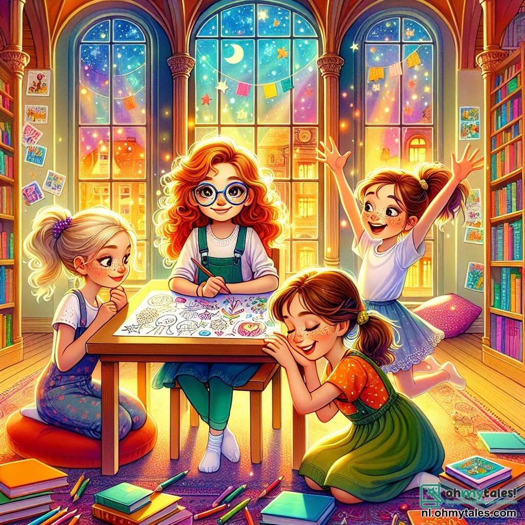 In een heldere bibliotheek staan vier meisjes samen, omringd door kleurrijke boeken. Emma, een 10-jarig meisje met krullend bruin haar en een bril, zit aan een tafel, geconcentreerd op haar tekening. Naast haar kijkt Noor, een 10-jarig meisje met steil blond haar, enthousiast naar Emma's werk. Lotte, een 10-jarig meisje met rood haar en sproeten, leunt naar voren, vol bewondering. Ten slotte steekt Sanne, een 10-jarig meisje met kastanjebruin haar en een paardenstaart, haar armen op in aanmoediging, straalt van blijdschap. De bibliotheek is ruim en warm, met grote ramen die zonlicht binnenlaten, boekenplanken vol kleurrijke boeken en zachte kussens op de vloer. Kunst- en creativiteitsaffiches versieren de muren, wat een magische sfeer toevoegt. Emma, een beetje nerveus maar vastberaden, presenteert trots haar tekening aan haar vriendinnen, die haar aanmoedigen met glimlachen en goedkeurend gebaren. De sfeer is gevuld met steun en vriendschap, wat het thema van zelfvertrouwen illustreert.