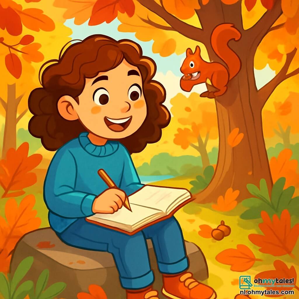 Een 12-jarig meisje, Emma, met krullend kastanjebruin haar en nieuwsgierige ogen, zit op een grote platte steen in een zonnige open plek, omringd door herfstbladeren in rood, oranje en goud. Ze draagt een blauwe wollen trui en een spijkerbroek, en haar gezicht straalt vreugde en verwondering uit terwijl ze in haar notitieboekje tekent met een gekleurde potlood. Dichtbij is een jonge eekhoorn met heldere ogen en een pluizige staart druk bezig met het verzamelen van eikels, springend van tak naar tak op een majestueuze eik achter Emma. De zon filtert door de bladeren en creëert lichte patronen op de grond van de open plek. De plek is een levendige herfstbos, met stevige boomstammen en groene varens, terwijl het zachte geluid van een beekje in de verte te horen is. De scène straalt een vredige en magische sfeer uit, waar de natuur zijn schitterende kleuren en charme onthult. Emma, verdiept in haar tekening, legt de schoonheid van dit vluchtige moment vast in haar schrift.