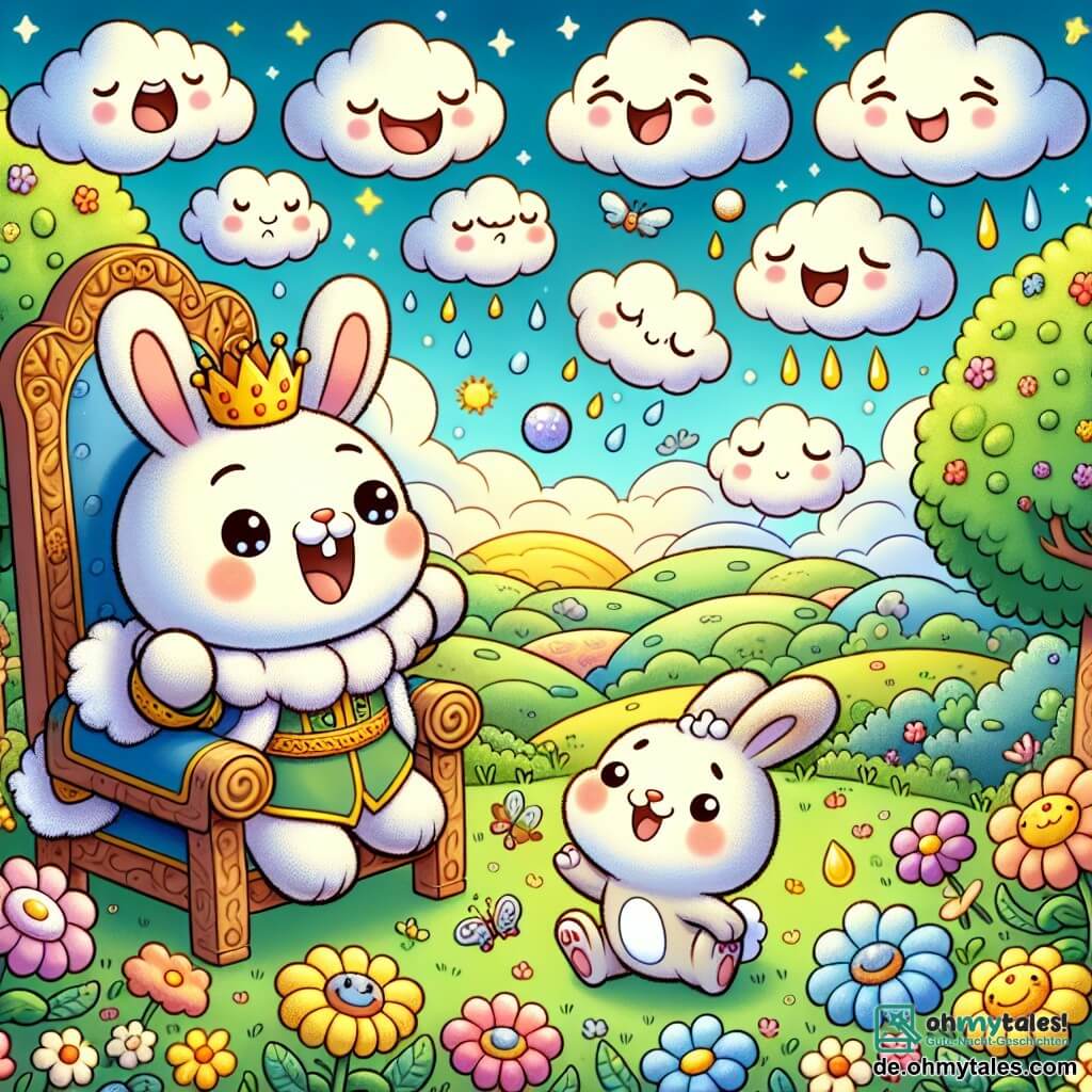 Ein kleiner Hase namens Hopsi mit weichem, seidigem cremefarbenem Fell, großen hängenden Ohren und funkelnden, schelmischen Augen springt fröhlich in einem bunten Blumenfeld mit einem breiten Lächeln im Gesicht. In der Nähe beobachtet ein König in königlicher Kleidung mit einer goldenen Krone, einem traurigen Gesicht und zusammengezogenen Augenbrauen Hopsi hoffnungsvoll von seinem geschnitzten Holzthron, umgeben von wehenden Fahnen. Runde, flauschige Wolken am Himmel lachen, während andere wie weinende Tropfen glänzenden Regen scheinen, was eine sowohl fröhliche als auch melancholische Atmosphäre schafft. Die Szene spielt in einem magischen Königreich mit grünen Hügeln am Horizont, bunten Blättern an den Bäumen und einem strahlend blauen Himmel. Hopsi versucht mit seiner ansteckenden Energie, die Wolken zum Lachen zu bringen, damit das Sonnenlicht wieder über das Königreich scheinen kann, in einem Tanz voller Freude und Farben.