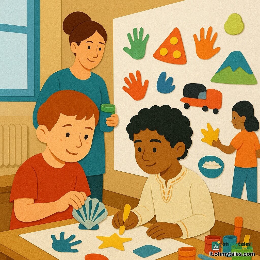 Un bambino di 8 anni, volto rotondo con lentiggini, capelli castano corti, espressione dolce e concentrata e leggero sorriso, tiene una conchiglia disegnata su carta e posa la sua impronta colorata accanto a una stella su un grande cartellone; vicino a lui un altro bambino di circa 8–9 anni, Amir, di origine medio-orientale, pelle olivastra e capelli ricci neri, in tunica chiara ricamata, disegna una piccola stella gialla e una ciotola di riso; la maestra trentenne con i capelli raccolti, sorridente e attenta, sta dietro di loro con vasetti di colore pronta ad aiutare; altri bambini sullo sfondo, di diverse etnie, aggiungono impronte e disegni (pizza, montagna, treno); ambiente: corridoio scolastico luminoso con finestra, termosifone, panca e tavolino coi colori, grande cartellone bianco al centro già pieno di disegni vivaci; scene di carta ritagliata con bordi leggermente strappati, ombre morbide, colori vivaci e contrastati (blu profondo, giallo caldo, rosso papavero, verde foglia), composizione semplice e atmosfera di condivisione e accoglienza.