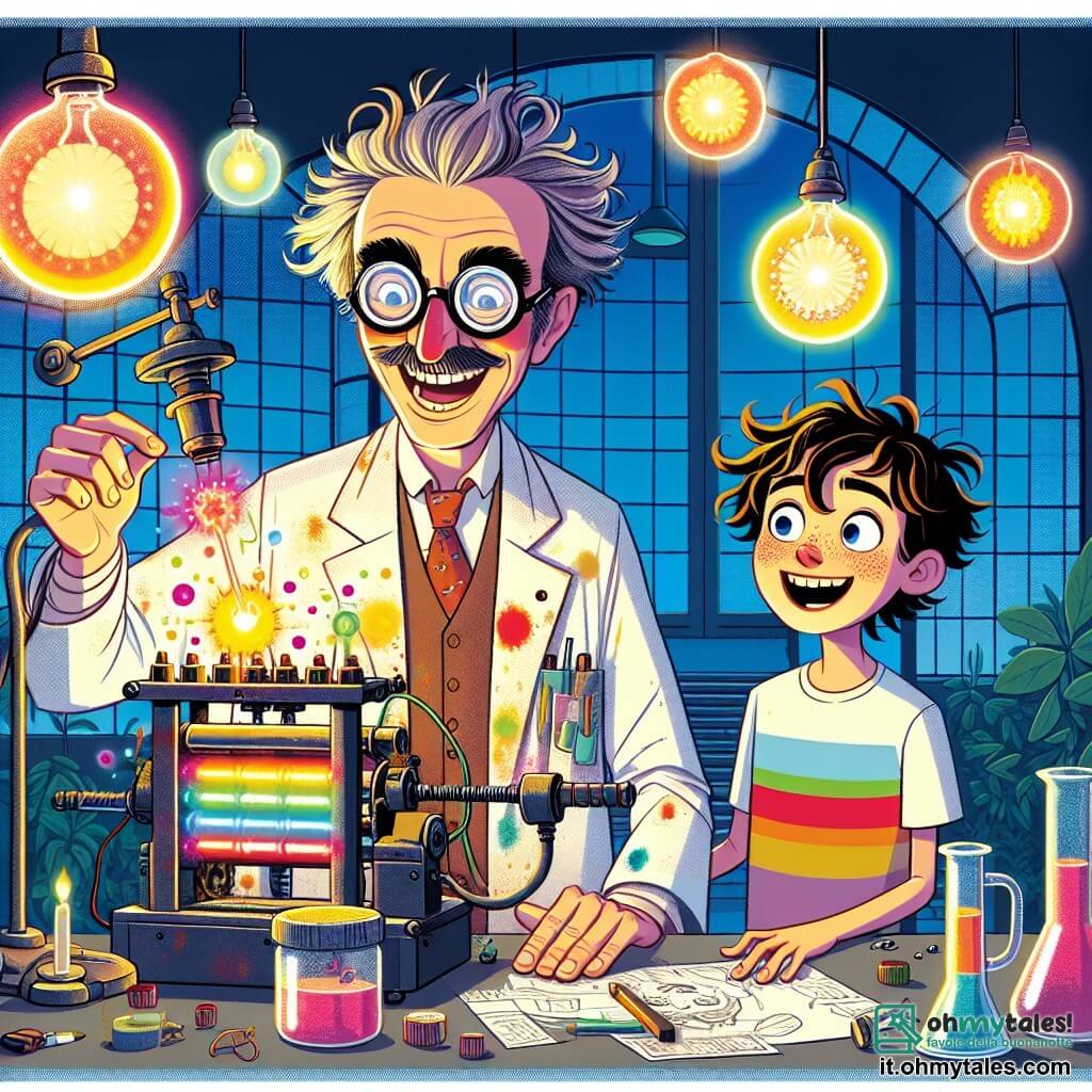 Un inventore entusiasta, un uomo di mezza età con capelli arruffati e occhiali tondi che scivolano sul naso, sorride ampiamente mentre sistema un dispositivo luminoso pieno di colori vivaci. Indossa un camice da laboratorio macchiato di vernice e colla, e i suoi occhi brillano di eccitazione. Accanto a lui, un giovane ragazzo di nome Marco, di circa 10 anni, con capelli castani in disordine e un grande sorriso, osserva con meraviglia il funzionamento della macchina. Indossa una maglietta colorata e pantaloni corti, e si è piegato in avanti, con le mani sulle ginocchia, pronto ad aiutare. Il laboratorio è un luogo magico, pieno di macchine strane, piani sparsi, barattoli di pezzi e strumenti, con finestre rotonde che lasciano entrare la luce del sole, illuminando la stanza con colori caldi e gioiosi. In questa scena, l'inventore e Marco lavorano insieme su un dispositivo che fa brillare luci colorate, mentre le piante intorno a loro sembrano danzare e fiorire sotto l'effetto delle luci, creando un'atmosfera di creatività e collaborazione gioiosa.