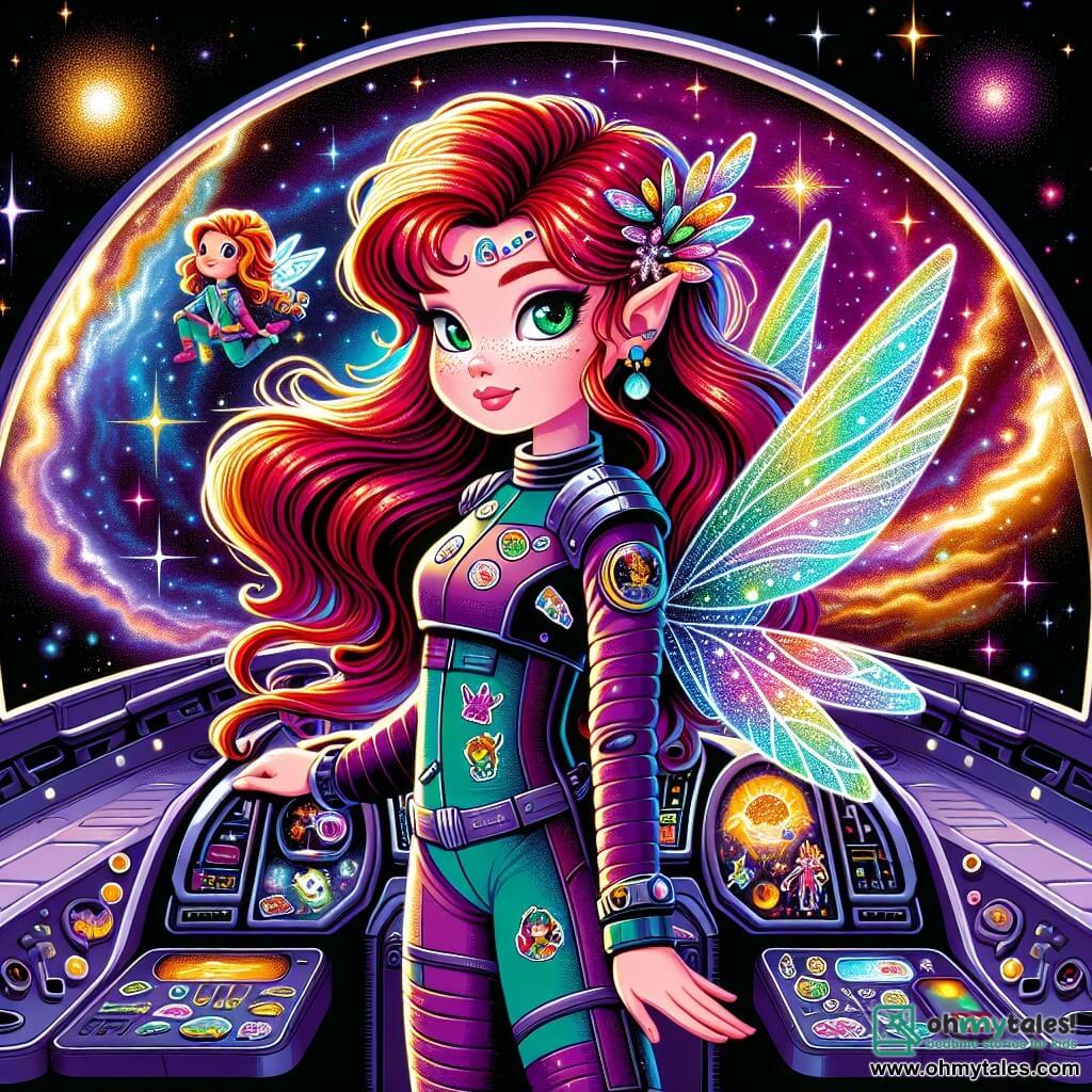 Lyra Starwhisper, a young woman with fiery red hair and sparkling emerald eyes, stands proudly on the deck of her spaceship, the Nebula Dreamer. She wears a colorful spacesuit adorned with stickers from her previous adventures, and her face radiates determination as she gazes at the starry horizon through the cockpit. Next to her, Faye, a small fairy with shimmering iridescent wings, joyfully flits about, her eyes twinkling with mischief and surrounded by a magical glow, ready to assist Lyra in her upcoming adventures. In the background, the ship is enveloped by the stunning Whispering Veil nebula, where vibrant shades of purple, gold, and blue dance together, creating a mesmerizing celestial display. Bright stars sparkle like diamonds against a black velvet backdrop, while floating islands emerge on the horizon. The main scene shows Lyra and Faye preparing to dive into a magical portal opening before them, a swirling vortex of light and colors, symbolizing the call to adventure and the mysteries awaiting them in unknown worlds.