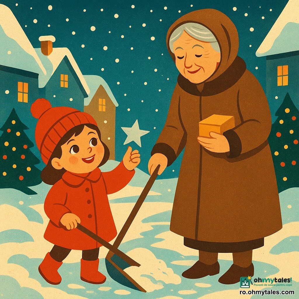 O fetiță de 4 ani, cu ochi căprui sclipitori și obraji roz, poartă cizmulițe roșii și un fes cu un ciucure, zâmbește vesel ținând o mică steluță argintie în mână. O doamnă în vârstă, de aproximativ 75 de ani, cu păr cărunt și un chip blând, stă lângă fetiță, poartă un palton gros și ține o cutiuță aurie, zâmbește călduros. Se află într-o alee acoperită de zăpadă, înconjurate de case cu acoperișuri acoperite de zăpadă, cu brazi decorați cu ghirlande luminoase. Scena principală arată fetița și doamna făcându-și drum prin zăpadă, cu fulgi care cad ușor în jurul lor, creând o atmosferă magică și festivă.