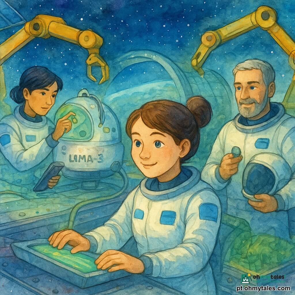 Lina, sorridente porém concentrada, rosto arredondado, olhos cor de oceano, cabelo castanho preso em coque, veste uma roupa espacial clara com emblemas azuis e guia um braço robótico com as mãos numa consola tátil; expressão determinada e calorosa. Mei, cerca de 30 anos, cabelo curto preto e olhar vivo, ajusta sensores do módulo Luma-3 com uma tablet à esquerda de Lina. Jonas, cerca de 40 anos, barba curta grisalha, capacete debaixo do braço, segura uma pequena pedra azul junto ao peito atrás à direita, observando com benevolência. Suri, cerca de 35 anos, rosto suave e cabelo trançado, desenrola uma fina grelha eletromagnética sobre um jardim em miniatura ao fundo, perto de uma clarabóia verde. Local: dock orbital Dock Verde com piso metálico rebitado, trilhos magnéticos, módulos translúcidos suspensos, grandes braços robóticos amarelos, painéis solares azulados e a curva da Terra ao horizonte. Situação: o módulo Luma-3, cápsula transparente de brilho violeta, alinha-se contra o arco do anel; vêem-se pequenos indicadores verdes, cabos flexíveis e leve condensação; ambiente colaborativo, tensão positiva e gestos precisos e calmos. Paleta: aquarela suave com azuis profundos, verdes esmeralda, toques de amarelo e violeta, luz terrestre suave criando sombras e reflexos.