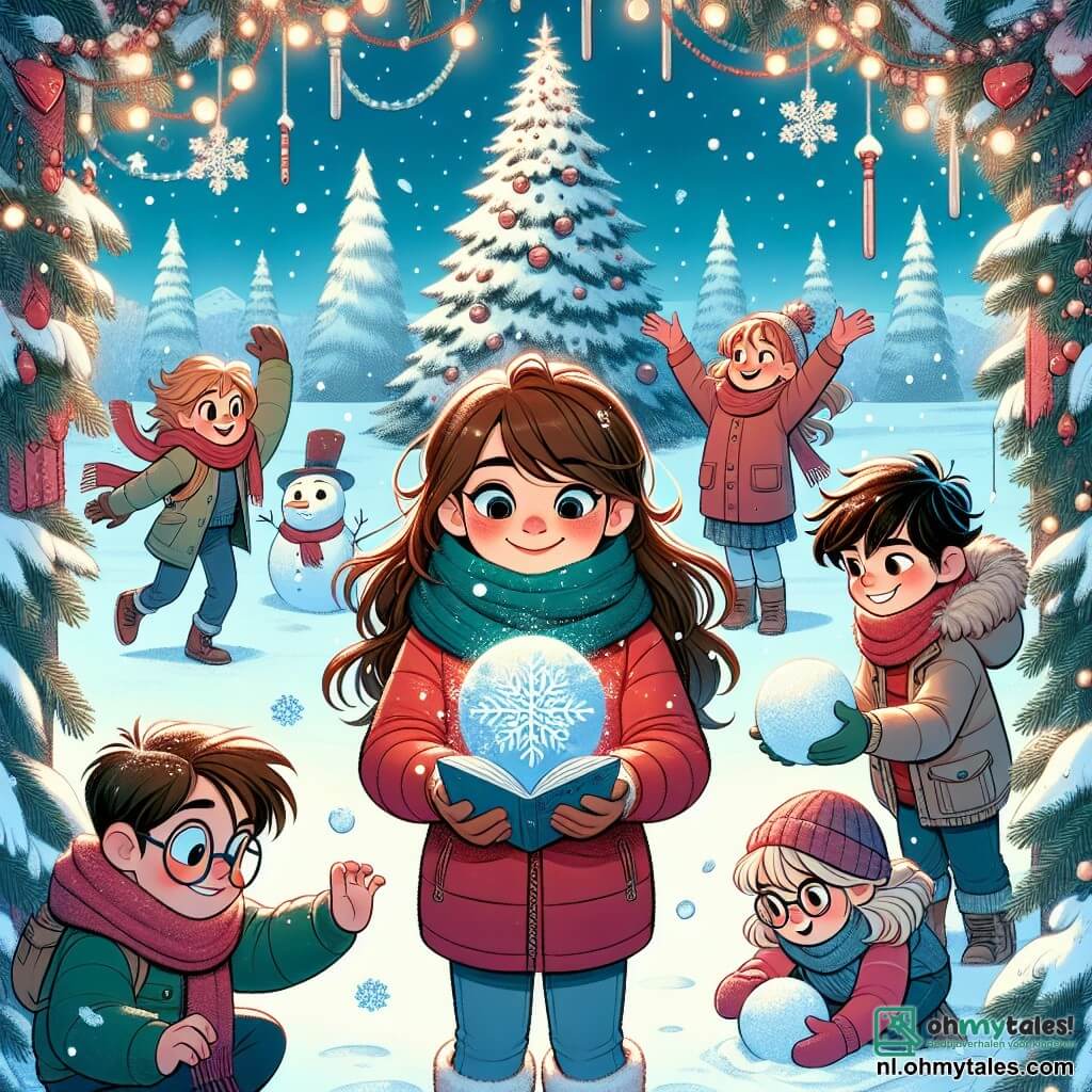 Noa, een 10-jarig meisje met lang bruin haar en roze wangen, draagt een dikke rode jas en een blauwe sjaal. Ze staat in het midden, glimlachend, met een boek in haar handen op de sneeuw. Rechts van haar staat Sam, een 9-jarig jongetje met een kort blond kapsel en een grote groene sjaal, die zijn armen in de lucht steekt, verwonderd door de vallende sneeuwvlokken. Links kijkt Mila, een 10-jarig meisje met krullend haar en een klein roze mutsje, gefascineerd naar een sneeuwvlok op haar hand. Finn, een 9-jarig jongetje met een bril en kastanjebruin haar, zit op de grond en maakt geconcentreerd een sneeuwbal. De achtergrond toont een betoverend winterlandschap met een grote kerstboom versierd met glinsterende slingers. De grond is bedekt met een dikke laag ongerepte sneeuw en zachte sneeuwvlokken vallen uit de heldere blauwe lucht. De kinderen spelen samen in de sneeuw, lachend en zich vermakend terwijl ze de schoonheid van de winter en de magie van de dansende sneeuwvlokken om hen heen ontdekken.