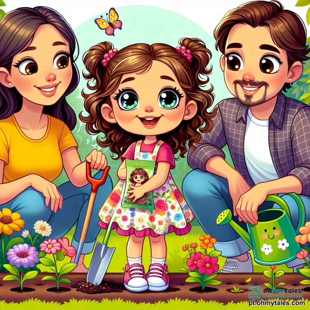 Uma menina de 6 anos, Sofia, está no centro da imagem, com grandes olhos brilhantes de curiosidade e um largo sorriso no rosto. Ela tem cabelos castanhos cacheados, presos em duas tranças, e veste um vestido colorido com estampas de flores. Sofia segura uma pequena pá de plástico e se inclina para plantar sementes no jardim. Ao lado dela, sua mãe, uma mulher de cerca de 30 anos, com cabelos longos e lisos, vestida com uma camiseta amarela e calças jeans, a encoraja com um sorriso caloroso, agachada e segurando um pacote de sementes. Um pouco mais longe, seu pai, um homem de cerca de 35 anos, com uma barba leve e usando uma camisa xadrez, rega as plantas com um bonito regador verde, olhando para a filha com orgulho. O jardim é luminoso e acolhedor, cheio de flores coloridas, vegetação luxuriante e borboletas voando no ar. O céu é azul com algumas nuvens brancas fofas, criando uma atmosfera alegre e ensolarada. Sofia e seus pais estão plantando flores juntos, aproveitando um momento de compartilhamento e descoberta em um ambiente natural enriquecedor.