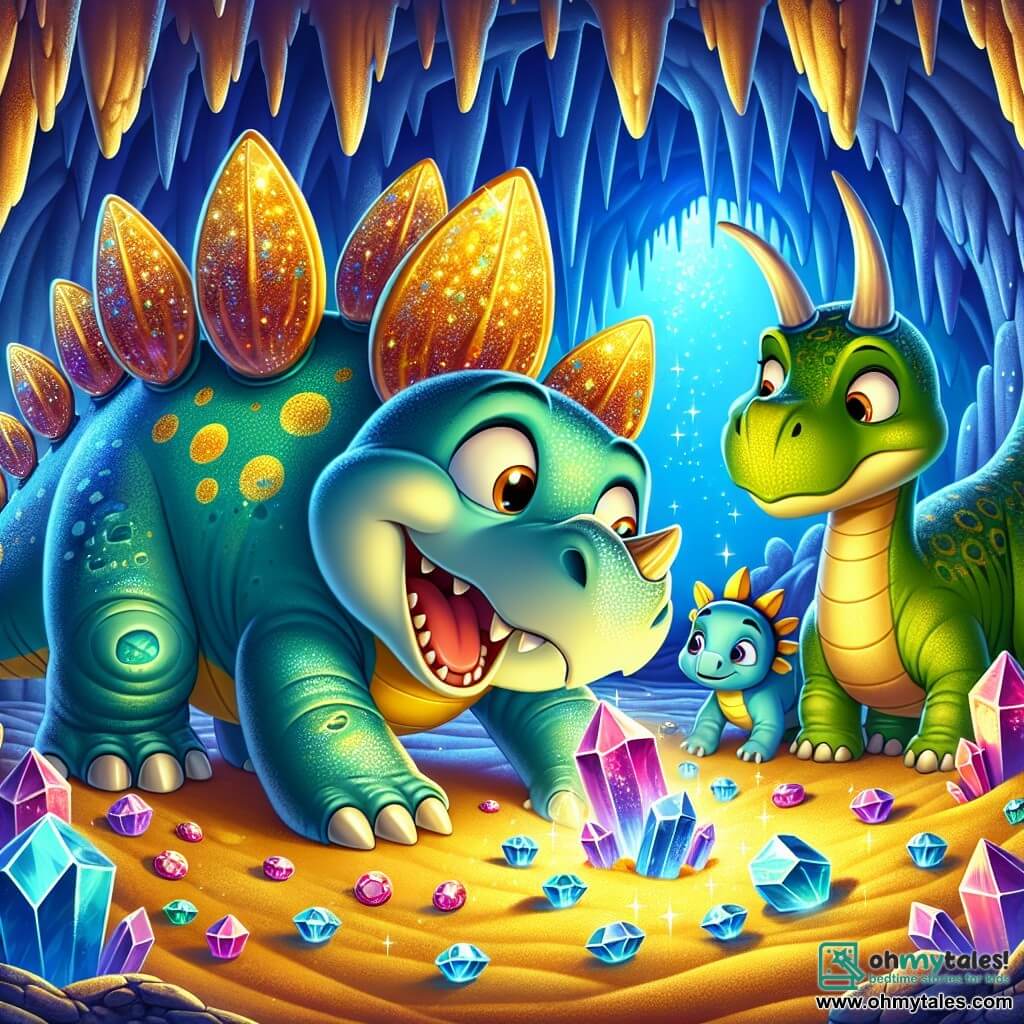 A stegosaurus named Spike, with a back covered in shiny, colorful plates, stands at the center of the scene, his eyes sparkling with excitement and a wide smile on his face. Next to him, Trixie, a triceratops with majestic horns and green skin, looks up with curiosity, observing a shimmering treasure of gems and crystals. Dino, a long-necked diplodocus with bluish skin, leans in to admire the treasures, his expression one of wonder and joy. 

The setting unfolds in a magical cave, illuminated by sparkling crystals on the walls, creating a fairy-tale atmosphere. Vividly colored rock formations surround the group, while a path of golden sand leads them to a glittering treasure at the center of the cave. 

The main situation shows Spike and his friends discovering a hidden treasure, featuring sparkling gems and the legendary Crystal of Wisdom, symbolizing the adventure and friendship that unite them.