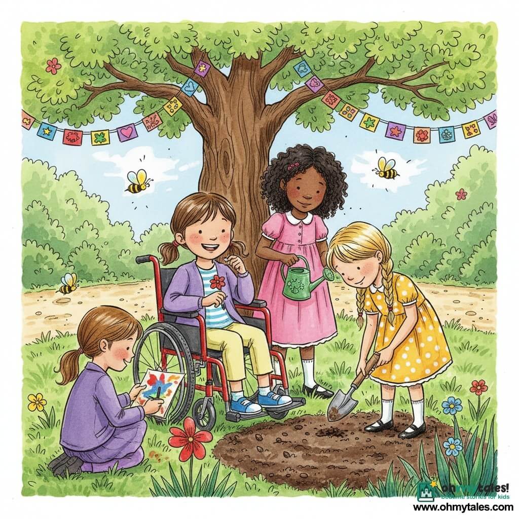 Four 6-year-old girls—Lily (brown hair in pigtails, shiny red wheelchair, smiling) at center-left planting a seed; Daisy (blond braided hair, yellow polka-dot dress) to Lily’s right digging with a small trowel; Rose (curly black hair, pink dress) behind Lily holding a small green watering can; Violet (light brown hair, purple jacket) front-left painting a large red-and-blue paper flower—are in a spring park with textured green grass, a light gravel path, a large oak with tender green leaves and colorful paper garlands, a dark moist planting bed, and yellow butterflies and round bees, preparing a garden for a spring festival with seed-sowing, watering and paper decorations in a bright, vibrant scene with visible ink lines, watercolor textures and radiant smiles.