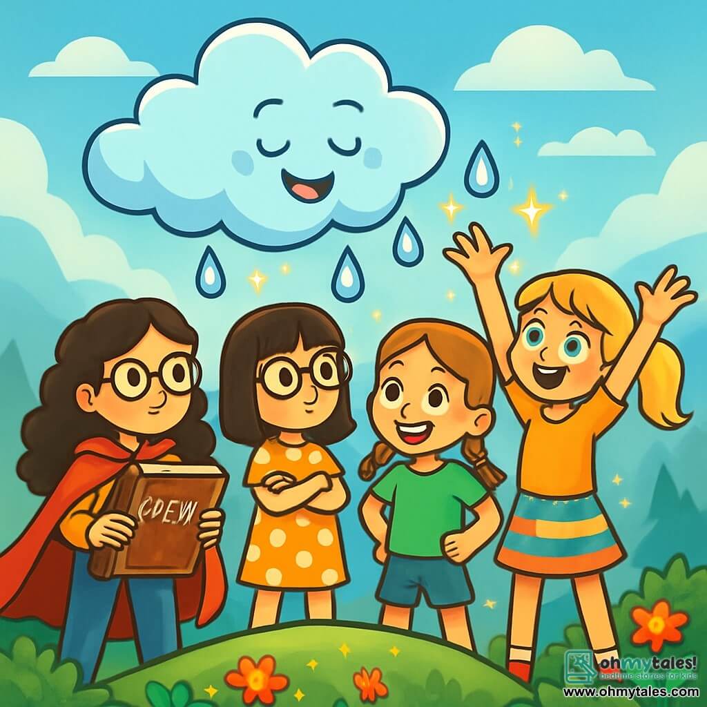There are 4 children: - Penelope: A 9-year-old girl with long curly hair and round glasses. She wears a red cape and holds an ancient book, displaying a determined expression. - Tilly: A 9-year-old girl with straight hair and oversized glasses. She wears a polka dot dress and looks at the cloud with curiosity, arms crossed. - Hazel: A 9-year-old girl with auburn braided hair. She wears a green t-shirt and shorts, showing a playful smile, ready to solve the mystery. - Mabel: A 9-year-old girl with blonde hair in a ponytail. She wears a colorful skirt and raises her arms in enthusiasm in front of the cloud. The children stand on a green peak of the Misty Mountains, surrounded by light mist and colorful flowers. Above them, a playful cloud named Nimbus, with a smiling face, juggles sparkling raindrops. The main scene shows the children confronting Nimbus to retrieve the stolen spell book, with determined and joyful expressions on their faces, while magical light sparkles dance around them.
