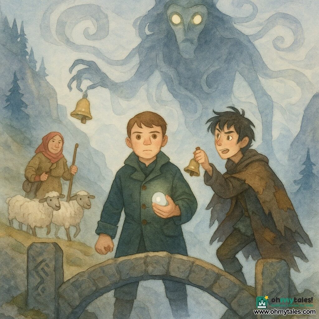A determined round-faced teenage boy (Rowan, ~16) with short chestnut hair and a dark green captain's coat firmly holds a milky glass stone glowing with a pale halo, staring ahead on a narrow stone arch; a mischievous yet worried black-haired boy (Finn, ~15) in a makeshift cloak strikes a small bright bell from the arch's edge, ready to help; a weathered shepherd woman (Maera, ~45) with a red headscarf and walking staff smiles with relief while guiding sheep in the background on the path down from the arch; the Mist Collector, a tall floating silhouette of gray cloud and translucent swirls with pale lantern eyes and slender hands, looms threateningly as it tries to seize the stone; setting: a high narrow mountain pass with two rune-carved stone pillars joined by a low arch over a deep gorge of spiraling mist, cold blue sky and dark pines; scene: dramatic confrontation as Rowan places the stone on a central rune while Finn rings the bell and the shepherds and sheep cross the restored bridge behind; visual style: soft yet contrasted watercolor, bluish-gray washes for the mist, warm accents on characters, granular stone textures and subtle transparency for the Collector.