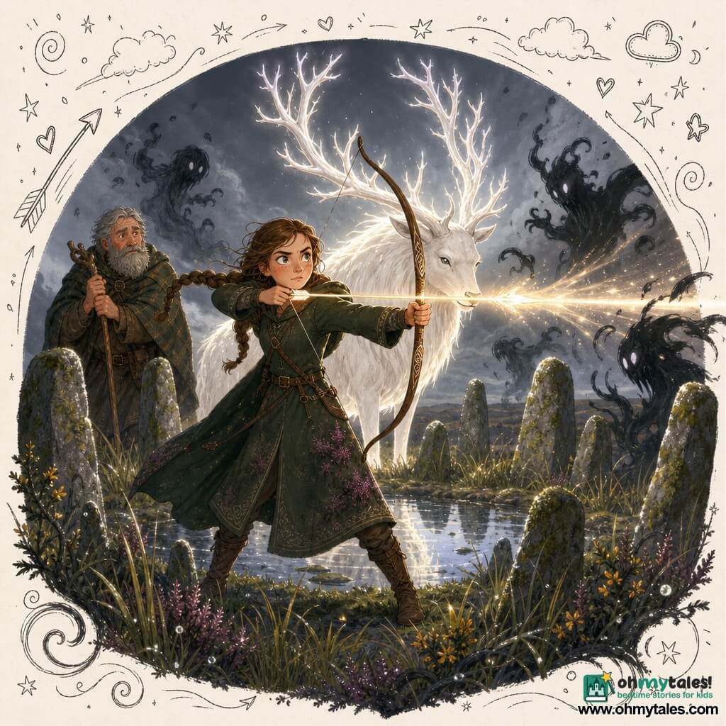 Heroine Eira, determined and luminous, young with braided brown hair, wearing a dark green cloak stained with heather, holds a bow with a flaming arrow aimed forward; nearby Bran, about 60, scruffy gray beard, warm but worried, leans on a staff at the left edge; behind Eira the Great White Stag with pearly silver-sheened coat and moonlike antlers crouches protectively, light seeming to emanate from its body; they stand in a circular peat-bog clearing of moss-covered ancient stones around a small shining pool reflecting a gray sky, tall grasses and gorse at the borders; dramatic chiaroscuro with sharp contrasts and receding twisted shadow-silhouettes; Eira fires an arrow of light to repel menacing shadows rising from the ground around the stone circle, the stag illuminates the area, Bran watches from the edge—heroic tension and hope.
