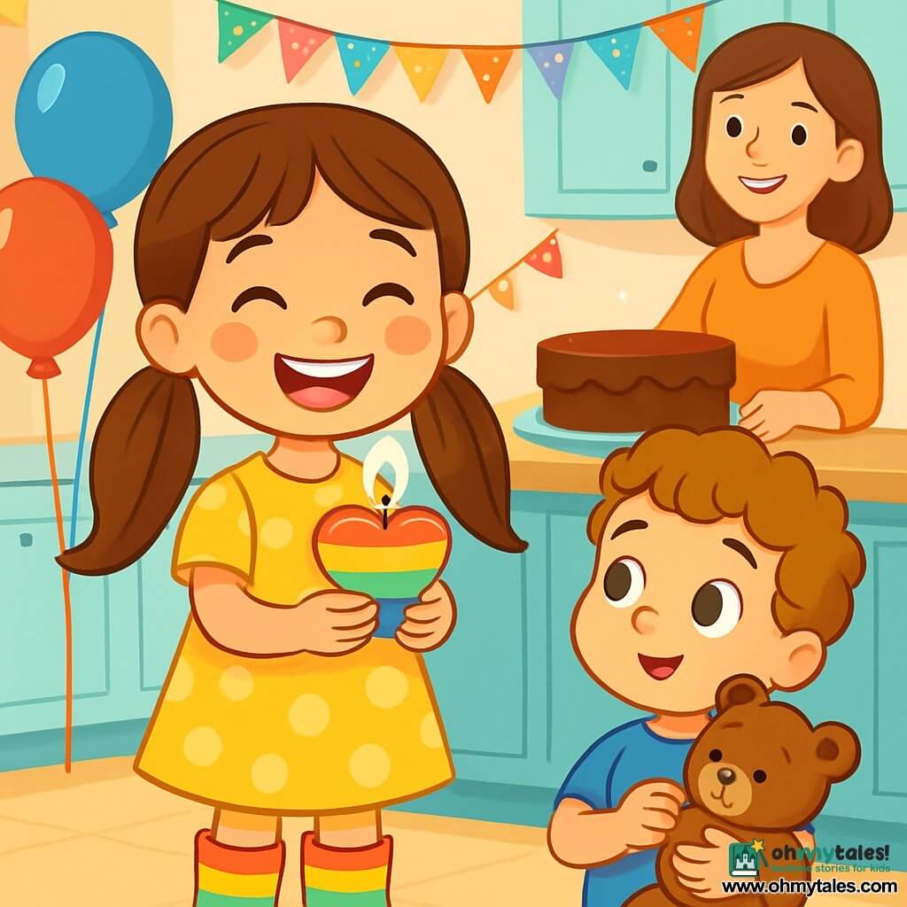 A 6-year-old girl named Maya, with long brown hair in pigtails, smiles joyfully, her eyes sparkling with happiness. She wears a cute yellow polka dot dress and rainbow boots, holding a colorful candle in her hands. Next to her, her 3-year-old brother Max, with curly hair and a blue t-shirt, gazes at the candle in awe, clutching his teddy bear. In the background, their smiling mother, with brown hair, prepares a chocolate cake on a table decorated with colorful balloons and sparkling garlands. The scene takes place in a bright kitchen filled with birthday decorations, creating a joyful and festive atmosphere. Surrounded by her family, Maya is ready to blow out her candle, eager to make a magical wish.