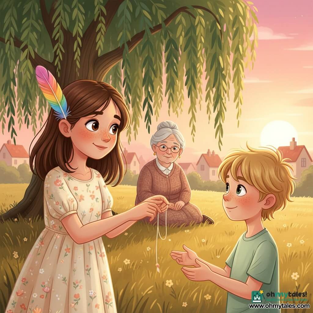 A smiling, dreamy 6-year-old girl, Isla, with mid-length brown hair, sun-freckled fair skin and large bright eyes, tucks a multicolored feather behind her ear and gently offers it on a small string; a roughly 6-year-old boy, Milo, with messy blond hair, freckles and a pale green T-shirt reaches with open hands in wonder; an elderly woman of about 70 with gray hair in a bun and a kind smile sits by the willow trunk in the background. Scene at a weeping willow on the edge of a golden meadow at sunset, pink-peach sky, warm soft light, long shadows, village tile roofs in the distance, hanging branches and swaying grass. The exchange is tender and symbolic, calm and hopeful, composition centered on the hands and feather with textured details (string fibers, pearly sheen). Graphic style: saturated yet soft colors, smooth gradients, slightly rounded outlines and subtle fabric and bark textures.