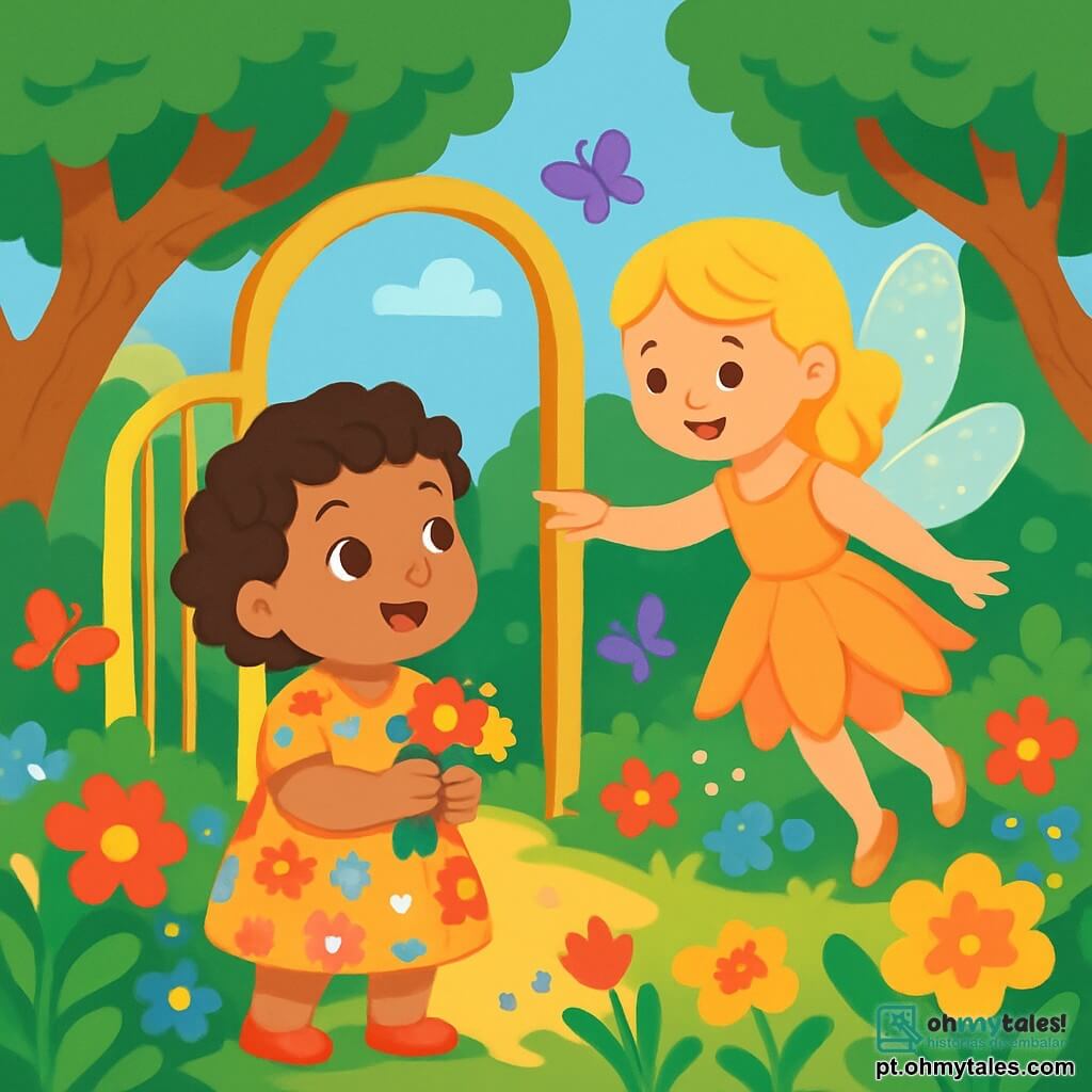 Uma menina de 2 anos, com cabelos cacheados e olhos brilhantes de curiosidade, está em frente a um arco dourado, seu rosto radiante de espanto. Ela usa um vestido florido e segura um pequeno buquê de flores em suas mãozinhas. Ao lado dela, uma pequena fada de cerca de 5 anos, com cabelos dourados e um vestido feito de pétalas, sorri enquanto lhe mostra o caminho para o jardim mágico. O jardim está cheio de flores vibrantes, árvores com troncos tortuosos e borboletas coloridas que voam ao redor. A menina observa fascinada as árvores que parecem sussurrar segredos, enquanto a fada a convida a entrar nesse mundo encantado.