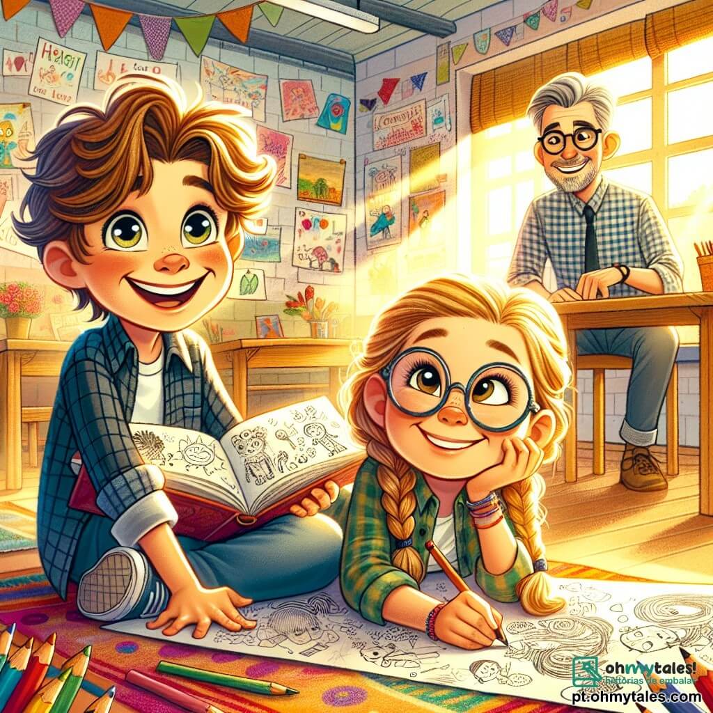 Um menino de 8 anos, Léo, com cabelos castanhos bagunçados e olhos brilhantes de curiosidade, está sentado em um tapete colorido em uma sala de aula iluminada. Ele sorri amplamente, segurando um caderno cheio de desenhos e escritos, mostrando seu entusiasmo por atividades sem tela. Ao lado dele, uma menina de 8 anos, Emma, com cabelos loiros trançados e óculos redondos, está desenhando em uma grande folha de papel. Ela olha para Léo com um sorriso cúmplice, compartilhando o momento de criatividade. Um pouco mais longe, o professor, um homem de quarenta e poucos anos com óculos e uma camisa xadrez, observa as crianças com benevolência, incentivando-as a explorar suas ideias. A cena ocorre em uma sala de aula decorada com pôsteres coloridos e desenhos de crianças nas paredes, com mesas de madeira e almofadas espalhadas pelo chão. A luz do sol entra pelas janelas, criando uma atmosfera acolhedora. A situação principal mostra Léo e Emma compartilhando suas experiências criativas, cercados por seus colegas, todos envolvidos em atividades manuais e alegres, celebrando a descoberta de um mundo sem telas.