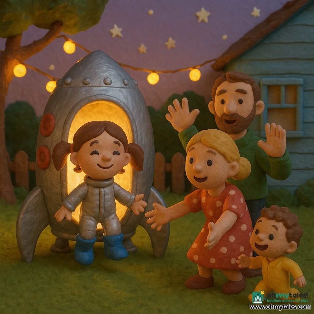 A smiling proud little girl with brown pigtails, shiny blue boots and a silver suit steps out of a small polished round rocket and runs into her family's arms: her mother with tied blonde hair in a red polka-dot dress reaches out, her bearded father in a green shirt waves warmly, and a curly-haired toddler in yellow pajamas runs laughing nearby; they stand in a grassy garden at sunset with a light-blue wooden house, blinking yellow string lights and pale stars in a violet sky, the rocket's warm light illuminating their faces in a joyful, tender moment.