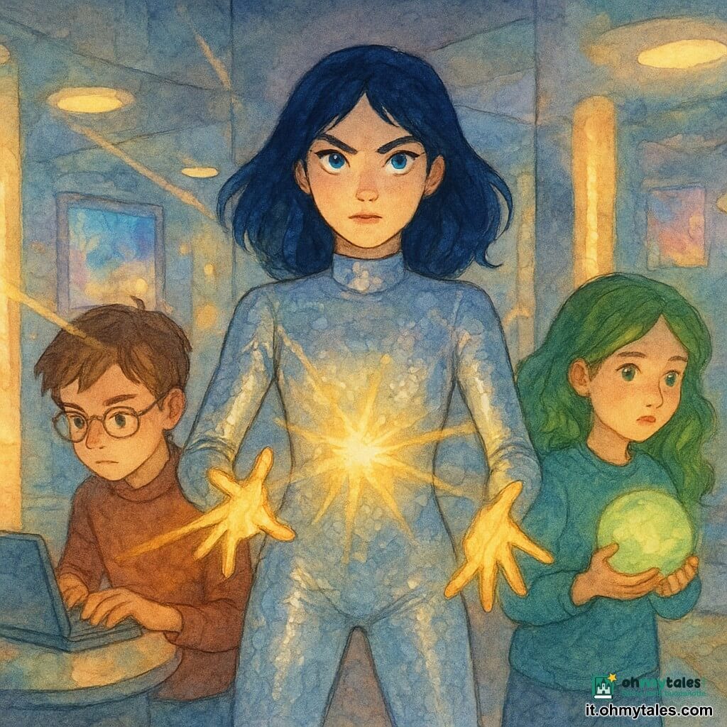 Una giovane donna, Astra Ordalia, con capelli blu scuro e occhi color elettrico, si trova determinata al centro dell'immagine. Indossa una tuta argentata che scintilla sotto le luci intense e dalle sue mani si proiettano raggi luminosi dorati. Accanto a lei, un ragazzo di 12 anni di nome Leo, con occhiali da ingegnere e un'aria concentrata, lavora su un piccolo computer portatile, regolando circuiti. Una ragazza di 11 anni, Zaira, con capelli verdi, tiene una sfera di schiuma luminosa, osservando attentamente l'ambiente circostante. Si trovano in una sala piena di specchi e schermi, con colonne di luce circolare attorno a loro. La situazione principale mostra Astra e i suoi amici mentre sventano i piani del sindaco Solaris, in una stanza dove le luci danzano freneticamente, creando un'atmosfera di tensione e magia.
