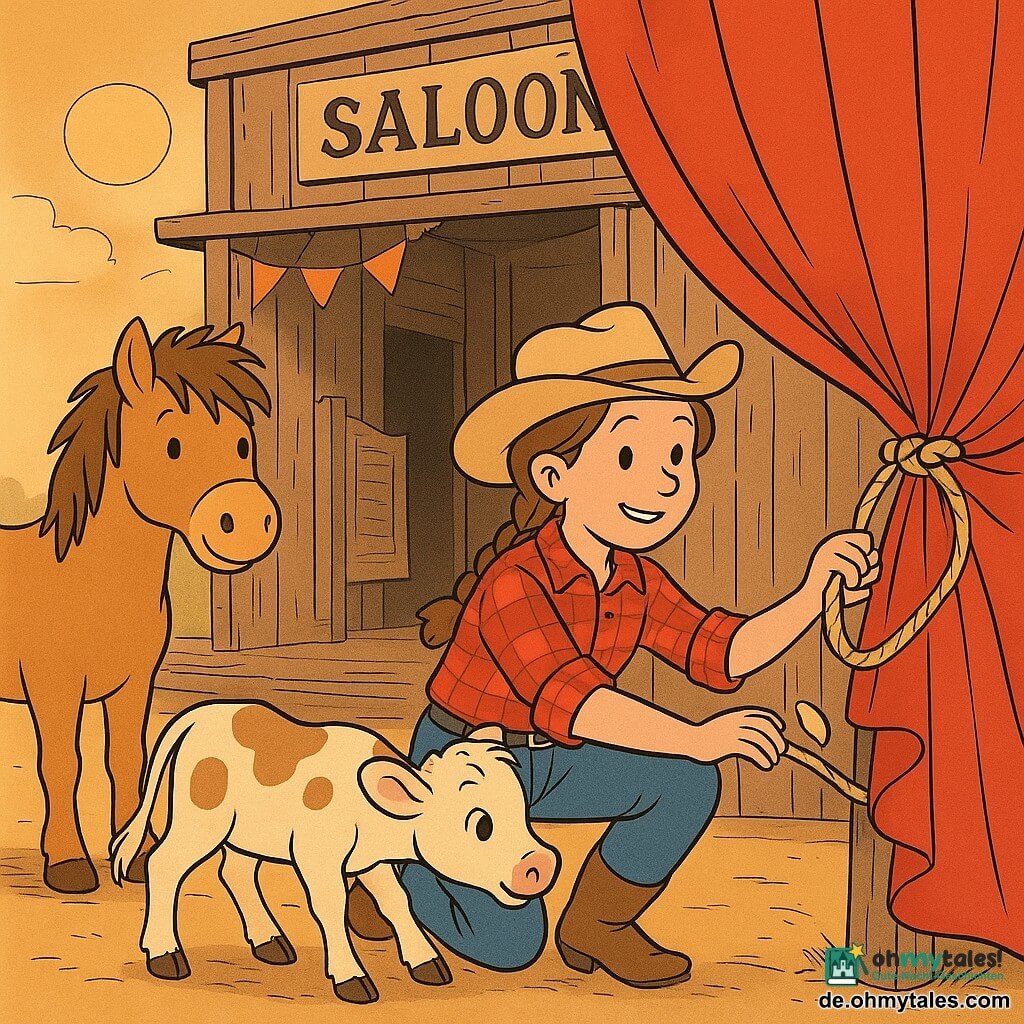 Clara ist eine junge, mutige, lächelnde Frau mit geflochtenen kastanienbraunen Haaren, rotem Karohemd und beigem Cowgirl‑Hut; sie hockt und hält mit kräftigen, präzisen Händen einen großen, im Wind flatternden, zerknitterten roten Vorhang mit sichtbaren Seilen und festem Knoten. Links von ihr steht Blitz, ein kompakter, fröhlicher hellbrauner Pony mit zerzauster Mähne, der einen Schritt nach vorn macht und sie anschaut. Vorne, nahe den Bodenbrettern, schnuppert ein cremefleckiges, neugieriges, schüchternes Kälbchen an Claras Hand. Der Saloon aus gealtertem Holz mit breiten Bohlen, sichtbaren Nägeln und offener Schlagtür; staubige Wimpel und weiches Sonnenlicht werfen warme Schatten. Stimmung friedlich und abenteuerlich, warme Farben, klare Konturen und sanfte Ausdrücke.