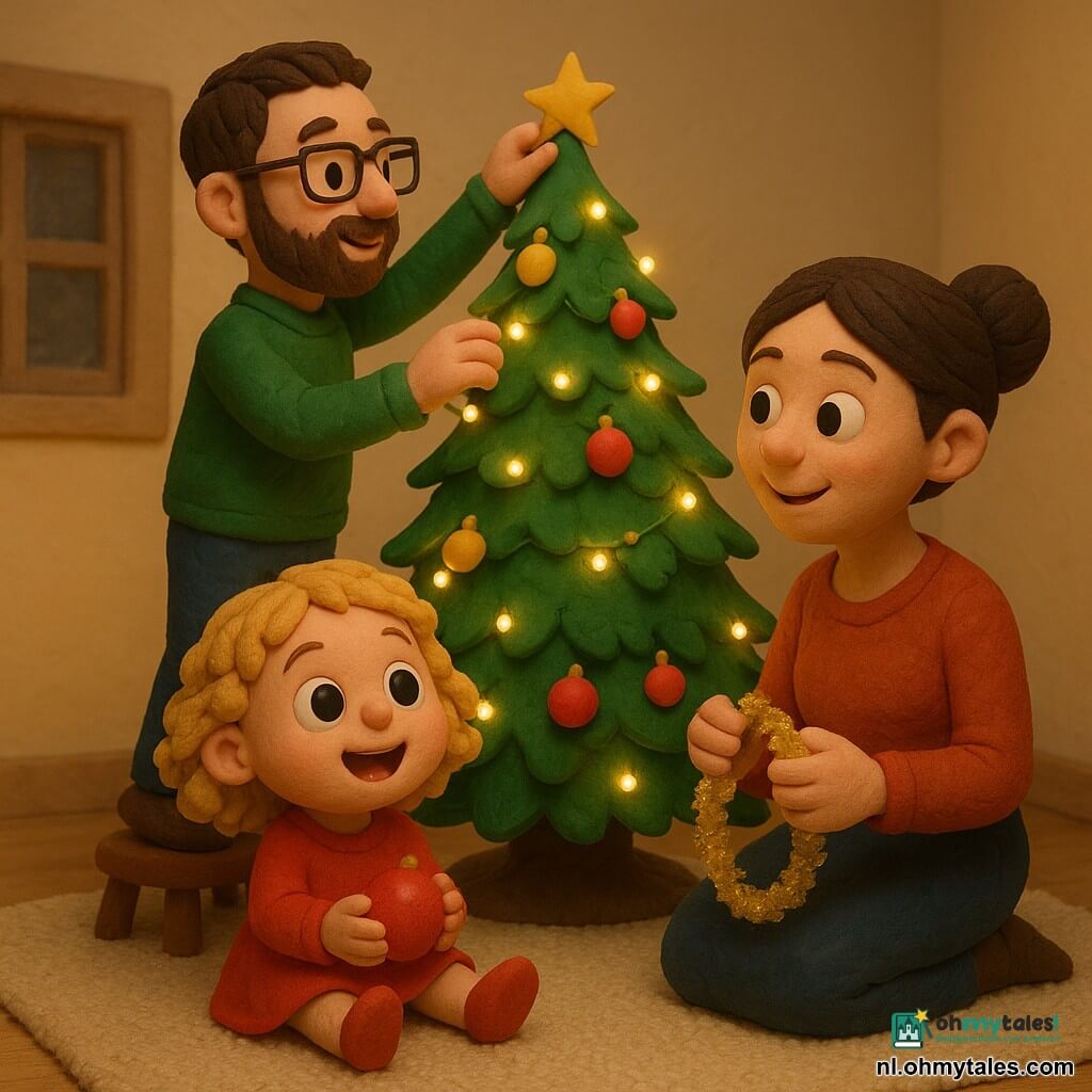 Een klein meisje van 2 jaar, Ella, met grote verwonderde ogen en blonde krullende haren, zit vrolijk op de grond bij een grote en stralende kerstboom. Ze houdt een rode kerstbal in haar kleine handen. Haar moeder, een vrouw van ongeveer 30 jaar met bruin haar in een knot, staat naast haar, glimlachend, met een gouden slinger in haar hand. Haar vader, een man van ongeveer 32 jaar met een korte baard en een bril, staat op een krukje om bovenin de boom versieringen op te hangen. De kamer is warm en uitnodigend, met crèmekleurige muren, een zacht tapijt en fonkelende kerstlichtjes die de scène verlichten. De situatie toont vooral Ella die met verwondering de magie van Kerstmis ontdekt, omringd door haar familie in een feestelijke en stralende sfeer.