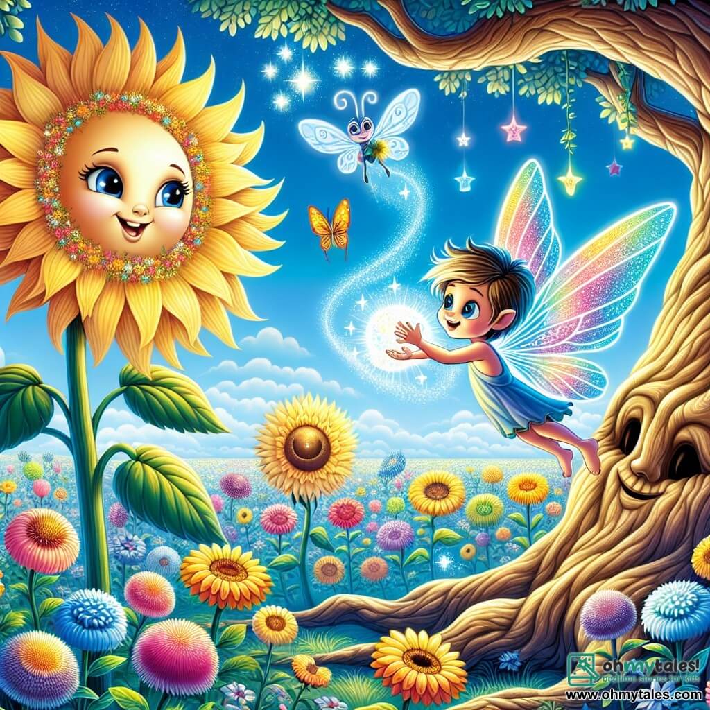 Flixel, a small fairy creature with iridescent wings that shimmer like a rainbow, joyfully flies over a magical garden filled with colorful flowers dancing in the wind. His face radiates wonder and curiosity as he discovers a mysterious glowing object among the roots of a large oak tree. Next to him, a large smiling sunflower with golden petals leans toward Flixel, encouraging him with a kind expression. Further away, a colorful butterfly with delicate wings flutters around the flowers, adding a light touch to the scene while whispering sweet words to Flixel. The garden is an enchanting place, bathed in golden light, with flowers of all colors emitting joyful melodies and a clear blue sky dotted with fluffy clouds. The main scene shows Flixel, amazed, touching the Reflection Orb, which shines brightly, while the flowers and the sunflower watch him kindly, sharing a moment of discovery and wisdom.