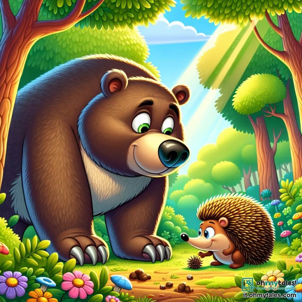 Orso Pancione, un grande orso bruno con una pancia rotonda e morbida, mostra un'espressione di determinazione e curiosità. È in piedi al centro della scena, annusando l'aria con il naso, alla ricerca di indizi sul miele scomparso. Alla sua destra, Riccio Birichino, un piccolo riccio con aculei dorati e occhi scintillanti, guarda Orso Pancione con un misto di eccitazione e nervosità, tenendo una piccola noce tra le zampe anteriori, pronto ad aiutare l'amico. La scena si svolge in una foresta verdeggiante, con grandi alberi dai tronchi spessi e foglie di un verde brillante. Fiori colorati punteggiano il terreno, e un dolce raggio di sole filtra tra i rami, illuminando il luogo. Orso Pancione e Riccio Birichino sono in piena indagine, scrutando il suolo alla ricerca di tracce di miele, circondati da un'atmosfera di avventura e mistero.