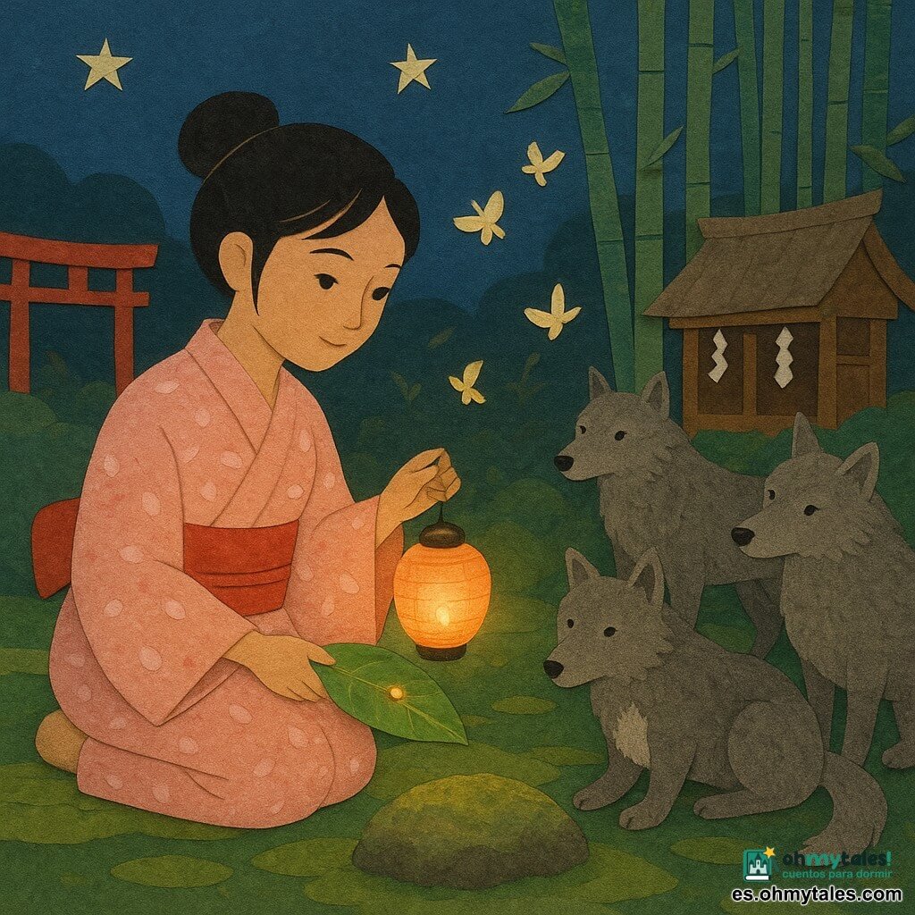 Aiko, joven japonesa de unos 16 años, rostro dulce y ojos curiosos, arrodillada ante una gran piedra en una clara nocturna; lleva un kimono simple con pétalos rosas, obi rojo, cabello negro en moño suelto y sostiene una pequeña linterna de papel con luz cálida; frente a ella, sobre una hoja grande, coloca arroz y recibe una semilla brillante, pequeña gota dorada; tres lobos grises de distintos tamaños, con pelaje en recortes de papel y ojos tranquilos (uno con mancha blanca en el pecho), permanecen en el borde del claro sin amenaza; al fondo, un pequeño santuario de madera con shide y un torii rojo entre bambús; suelo de musgo en capas recortadas, piedra central mullida, cielo nocturno azul profundo con estrellas de papel plateado y polillas de papel alrededor de la linterna; ambiente de paz y promesa; estilo collage de papel con bordes recortados, texturas granuladas y colores pastel (verdes musgo, rosas pálidos, rojos anaranjados suaves), composición clara y centrada para niños de 6 años.