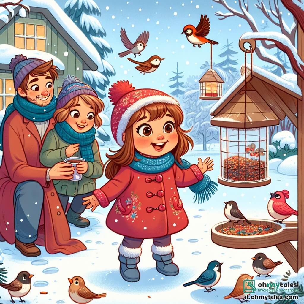Una bambina di 5 anni, di nome Sofia, con lunghi capelli castani e guance rosate, indossa un bel cappotto rosso e un berretto di lana. È piena di entusiasmo e sorride mentre osserva degli uccelli colorati che beccano semi in una mangiatoia che ha costruito. Accanto a lei, sua madre, una donna di circa trent'anni con capelli castani raccolti in un chignon, indossa una sciarpa blu e guarda con orgoglio sua figlia, tenendo in mano una tazza di cioccolata calda. Un po' più in là, suo padre, un uomo di circa trent'anni con una barba corta e un berretto di lana, sta riempiendo un'altra mangiatoia con semi, sorridendo alla sua famiglia. La scena si svolge in un giardino innevato, dove la neve scintilla sotto il sole invernale, circondato da alberi con rami carichi di neve. Fiocchi di neve cadono dolcemente dal cielo, aggiungendo un tocco magico all'atmosfera. Sofia, meravigliata, si avvicina agli uccelli, con le braccia aperte, pronta a osservarli da vicino, mentre la sua famiglia la incoraggia e condivide insieme questo momento gioioso.