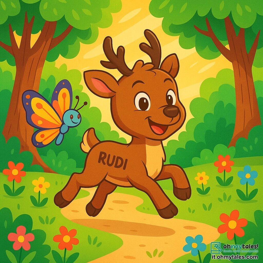 Un piccolo renna di nome Rudi, con un morbido manto marrone e occhi scintillanti di determinazione, corre felicemente attraverso una foresta incantata. Le sue piccole zampe si agitano con entusiasmo e il suo sorriso radioso mostra la sua gioia e fiducia. Accanto a lui, una piccola farfalla dalle ali colorate, delicate e scintillanti, vola con grazia, incoraggiando Rudi con uno sguardo ammirato. La foresta è piena di alberi maestosi con tronchi spessi e foglie verdi brillanti, mentre fiori multicolori punteggiano il terreno, creando un quadro vivace e gioioso. Rudi si allena a correre, saltando con agilità tra i tronchi degli alberi, mentre la luce del sole filtra tra i rami, illuminando la scena con una dolce luce dorata.