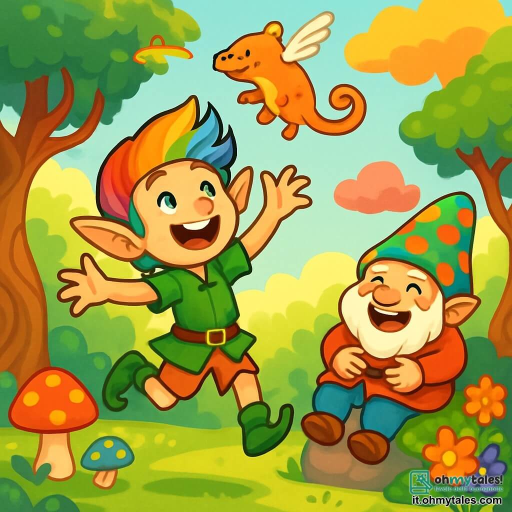 Un elfo gioioso, di nome Zefiro, con orecchie a punta e capelli colorati come un arcobaleno, salta con entusiasmo in una radura soleggiata. Il suo viso è illuminato da un grande sorriso, i suoi occhi brillano di eccitazione mentre cerca di catturare una puzzola volante. Vicino a lui, Poldo, un gnometto paffuto e divertente con un grande cappello a pois multicolori, ride a crepapelle, seduto su una grossa pietra coperta di muschio verde, circondato da fiori vivaci. Il luogo è il magico Bosco delle Puzzole Volanti, dove gli alberi hanno tronchi attorcigliati e foglie che sembrano danzare nel vento. Zefiro cerca disperatamente di afferrare una puzzola che svolazza intorno a lui, mentre Poldo, divertito, osserva la scena ridendo della situazione comica.