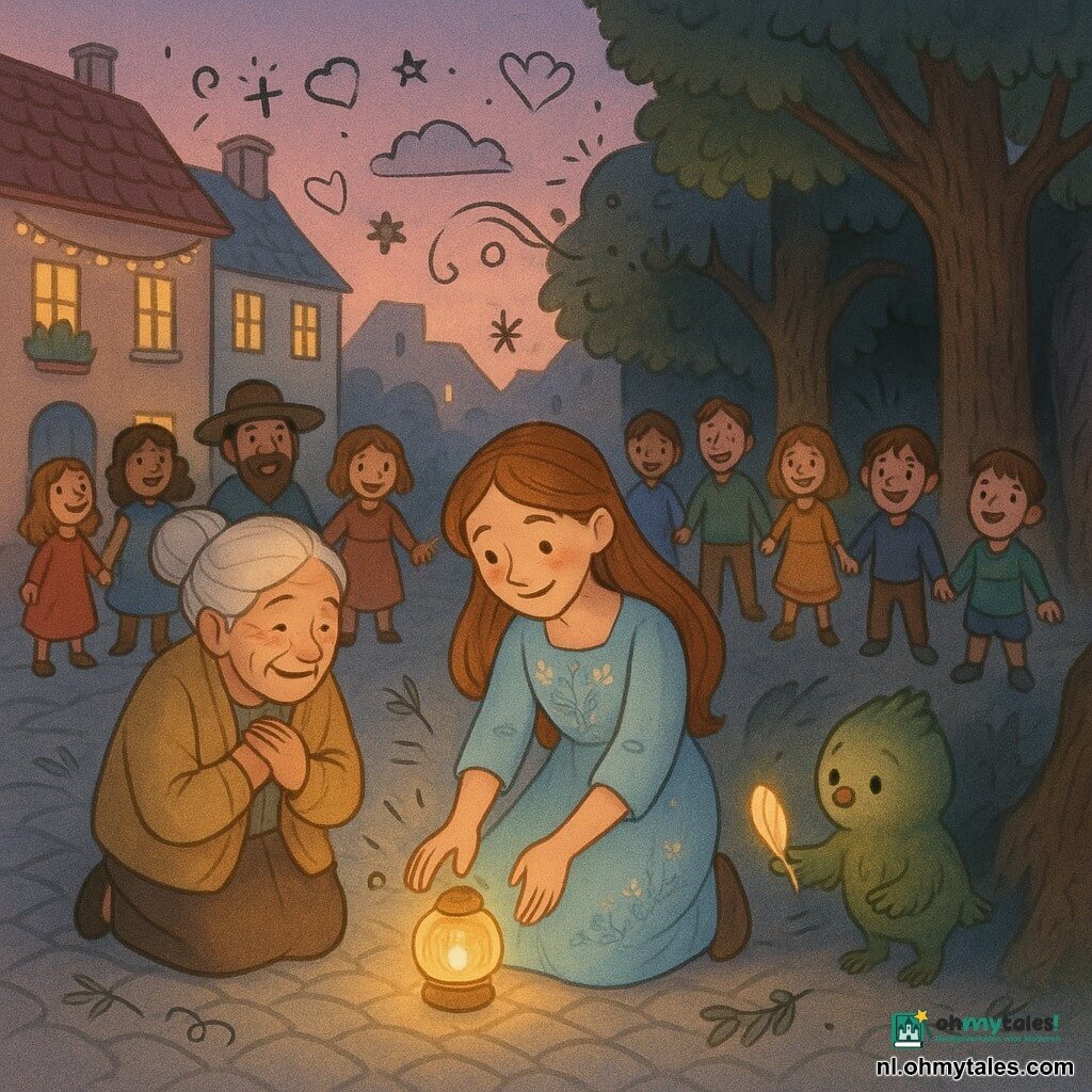 Een jonge vrouw, Lila, glimlachend en vriendelijk, lang koperkleurig haar, lichtblauwe luchtige jurk met bloemborduursels, knielt op het dorpsplein en zet een ronde glazen lamp die warm goud licht uitstraalt op de grond. Links van haar staat een ongeveer 75-jarige vrouw met wit haar in een knot, beige wollen vest, gerimpeld maar stralend gezicht, handen gekruist op de borst, ontroerd kijkend naar de lamp. Vanuit de schaduw van een grote eik achter hen reikt een klein boswezen — plucheachtig, kindformaat, groenmoskleurig met zachte veren — een klein lichtgevend veertje naar Lila. Verschillende dorpelingen, kinderen en volwassenen in kleurrijke kleding, staan in een cirkel met samengevouwen handen rondom het plein en glimlachen; enkelen op de treden voor de huizen. Het plein heeft ronde grijze keien, lage pastelkleurige huisjes met lichtslingers en bloempotten, een grote eik rechts en een schemerige roze-paarse hemel. Hoofdgebeuren: Lila plaatst de lamp die warm goud licht verspreidt, gezichten en slingers lichten op, de sfeer wordt zacht en troostend, compositie gecentreerd op de lichtcirkel met kleine ster- en veertekeningen daaromheen.