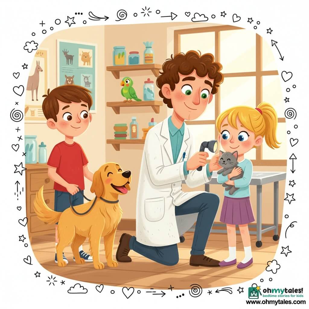 Dr. Oliver, a smiling, focused veterinarian with curly brown hair and green eyes, kneels in a warm, bright exam room to gently examine a tiny gray kitten with a small lamp; Lily, about 10 with a blonde ponytail and blue eyes, holds the kitten Whisper protectively; Tom, about 10 with short brown hair and a red T-shirt, holds the leash of a happy golden retriever named Max wagging at the group's left; a small green parrot, Rufus, perches on a colorful shelf behind them, while cream walls, wooden shelves with jars and instruments, an exam table and soft sunlight through a large window create a reassuring, tender atmosphere.