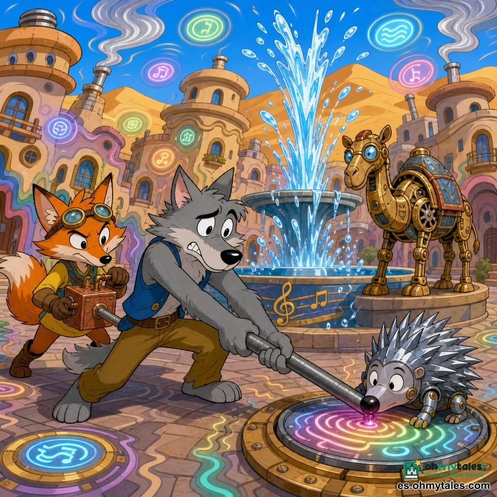 El personaje principal es un pequeño lobo antropomórfico de pelaje gris claro, ojos redondos, expresión inquieta pero decidida, que tira con todas sus fuerzas de una gran palanca de metal junto a una fuente; detrás, Zuri, un zorro inventivo naranja de ojos pícaros sostiene una caja de cobre con una manivela listo para ayudar; en el borde de la fuente, Kiri, un camello-autómata de latón con engranajes visibles y ojos de cristal observa con calma; un pequeño robot erizo metálico con púas brillantes, sorprendido y culpable, apoya el hocico sobre un panel redondo que se ilumina en espirales; la plaza tiene casas redondas de arena compacta con tejados curvos y rejillas que soplan brisas plateadas, dunas doradas de fondo y una fuente musical en el centro; paneles redondos con símbolos luminosos flotan como auroras y las fachadas se estiran y encogen como en un dibujo animado; el panel activado hace vibrar la ciudad viviente: colores ondulantes, casas que se retuercen suavemente y los personajes se esfuerzan juntos por devolver todo a la normalidad.