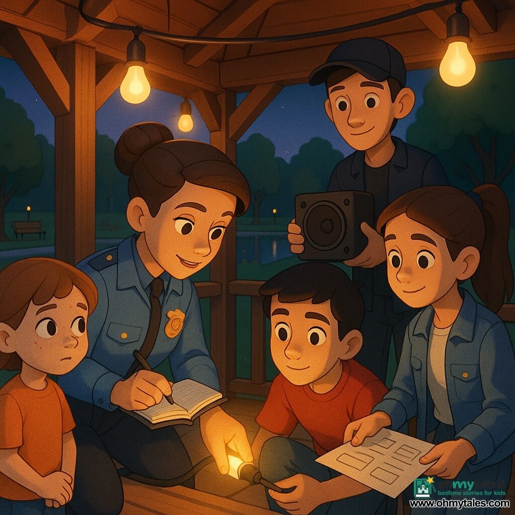 A female police officer in her early 30s with brown hair in a bun, a gentle focused expression and a light-blue police jacket with badge, leaning to show how to reconnect a loose electrical cable while holding a small open notebook and pen; a curious 7-year-old girl with fair skin and freckles and short light-brown hair watches from the edge with hands clasped; a 17-year-old boy with short black hair in a red T‑shirt crouches holding the cable and looks attentively at the officer; a 16-year-old girl with long hair in a ponytail and a denim jacket helps hold a technical sheet; an 18-year-old taller boy wearing a cap stands behind holding a small speaker; the scene is a small wooden bandstand in a park at dusk with waxed boards, hanging warm-bulb lamps, visible cords, green lawn, trees, benches and a distant shimmering pond; the officer calmly explains how to fix the loose cable so the lamp stops flickering, warm light stabilizes, visual focus on the hands reconnecting the plug and the relieved faces; style: saturated colors, sharp cel-shading shadows, soft lines, reassuring clear atmosphere.