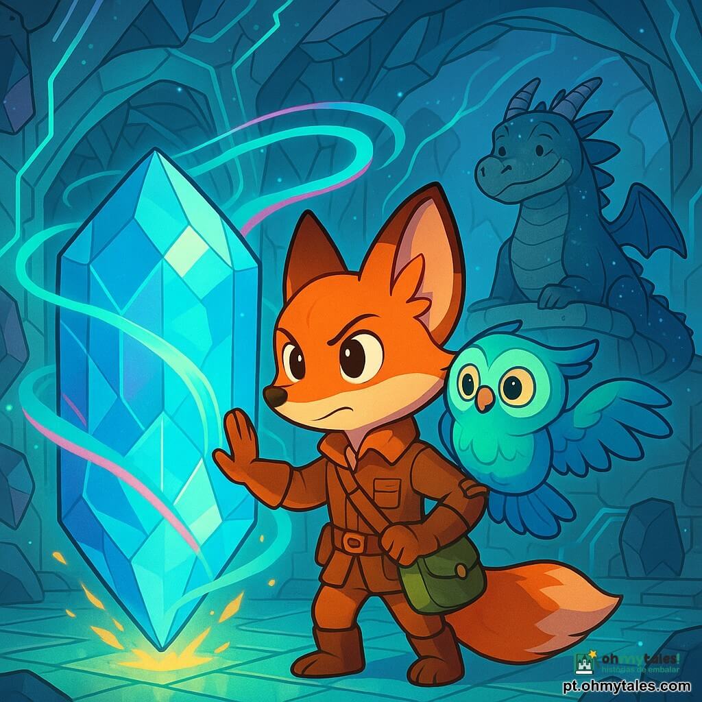 Personagem principal: pequeno raposo antropomórfico de pelo ruivo, olhos grandes e decididos, veste uma jaqueta de couro e uma bolsa, apoiando a pata dianteira direita num grande cristal luminoso, postura concentrada e benevolente; personagem secundária: coruja amiga de penas iridescentes azul-esverdeadas, olhos atentos, pousada no ombro esquerdo do raposo, asas ligeiramente abertas; personagem secundário 2: velho dragão sábio ao fundo, escamas escuras salpicadas de pontos luminosos como constelações, sorriso calmo, empoleirado numa plataforma de pedra flutuante; local: cavidade central do asteroide Luminaris, ampla sala organo-mecânica com paredes de cristal e metal polido, circuitos gravados que brilham, fragmentos de rocha flutuantes e filamentos de energia turquesa e magenta, chão em placas translúcidas a emitir leve brilho; situação: o raposo estabiliza o Coração de Luminaris — um enorme cristal pulsante — fitas de luz giram do cristal até sua pata, o ar chispa com pequenas faíscas douradas, atmosfera de triunfo sereno e magia tecnológica.
