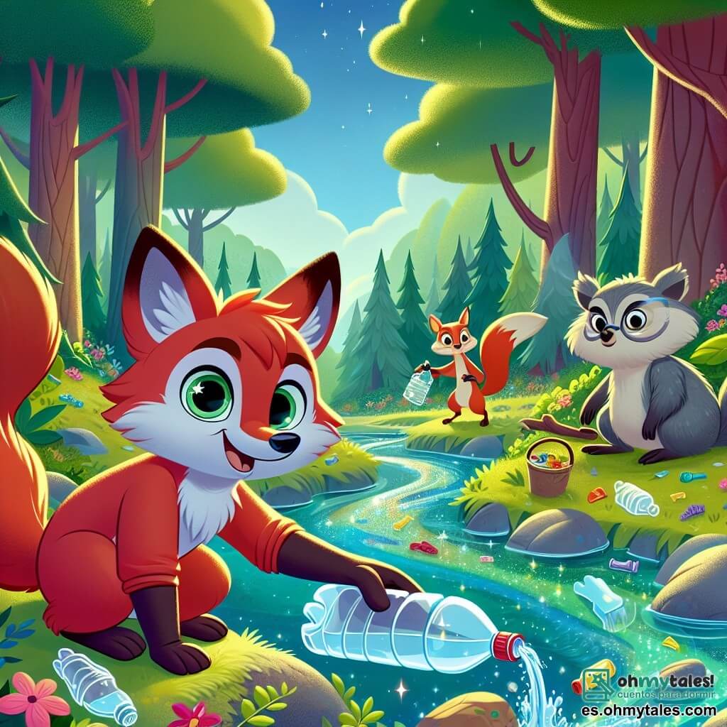Roco, un joven renfox de pelaje rojo brillante y ojos curiosos, se encuentra en el centro de la escena, sonriendo con determinación. Está recogiendo desechos coloridos en un arroyo, sus pequeñas patas ágiles hurgando en el agua clara y brillante. A su lado, Chispa, una ardilla traviesa con pelaje marrón y cola esponjosa, salta alegremente, sosteniendo una botella de plástico en sus pequeñas patas. Muestra una gran sonrisa, llena de entusiasmo por ayudar. Un poco más lejos, Sabio, un viejo búho sabio con plumas grises y ojos penetrantes, observa la escena desde una rama baja, con una expresión seria pero alentadora, listo para dar consejos. El lugar es una hermosa clariana del bosque de Verdejante, rodeada de árboles majestuosos con hojas verdes vibrantes y flores coloridas esparcidas por el suelo. El arroyo, de aguas cristalinas, serpentea a través de la escena, reflejando el cielo azul y soleado. La situación principal muestra a Roco y sus amigos en plena acción, uniendo fuerzas para limpiar el arroyo, transformando su entorno en un lugar más saludable y alegre, mientras celebran el espíritu de camaradería y protección de la naturaleza.