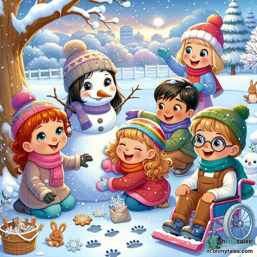 In een besneeuwd park spelen vijf kinderen samen. Emma, een zesjarig meisje met bruin haar en sprankelende ogen, bouwt enthousiast een sneeuwman met een grote glimlach op haar gezicht. Naast haar lacht Jasmin, een meisje met krullend blond haar, terwijl ze een kleurrijke sjaal aan de sneeuwman toevoegt. Lucas, een jongen met kastanjebruin haar en een bril, kijkt nieuwsgierig naar de voetafdrukken in de sneeuw met verwonderde ogen. Amir, een jongen met zwart haar en een rode pet, wijst op konijnenpootafdrukken in de sneeuw, helemaal opgewonden. Ten slotte glimlacht Sophie, een klein meisje met steil bruin haar, terwijl ze in haar mooie rolstoel zit en haar vrienden aankijkt, met een pakje sneeuwvlokvormige koekjes in haar handen.

Het park is een betoverend winterlandschap, met majestueuze bomen bedekt met glinsterende sneeuw, zachte sneeuwvlokken die rustig uit de heldere blauwe lucht vallen, en glooiende heuvels waar de kinderen kunnen glijden. In de verte staat een oude eik met takken vol sneeuw, wat een magische sfeer creëert.

De kinderen ontdekken een klein pakketje verstopt onder een boom, met koekjes in de vorm van sneeuwvlokken, en ze besluiten hun vondst te delen met alle andere kinderen in het park, waardoor ze de vreugde en magie van de winter verspreiden.