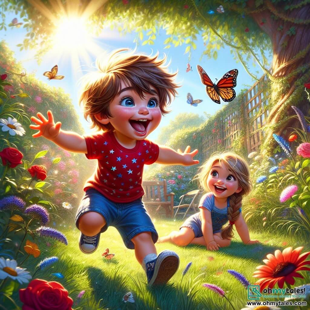 A 2-year-old boy, Timmy, with messy brown hair and a bright smile, joyfully runs in a sunny garden, arms open as if trying to catch a butterfly. He wears a red t-shirt with stars and blue shorts, and his cheeks are flushed with excitement. Next to him, a 2-year-old girl, Mia, has long braided blonde hair and sparkling eyes. She sits on the green grass, hands on her knees, watching a beautiful butterfly with colorful wings flying around them. The garden is filled with vibrant flowers like roses, daisies, and sunflowers, and a large shady tree stands in the background, its leaves gently dancing in the wind. The main scene shows Timmy and Mia laughing together, chasing the butterfly that flies away, symbolizing their new friendship and the joy of playing together in this enchanting setting.