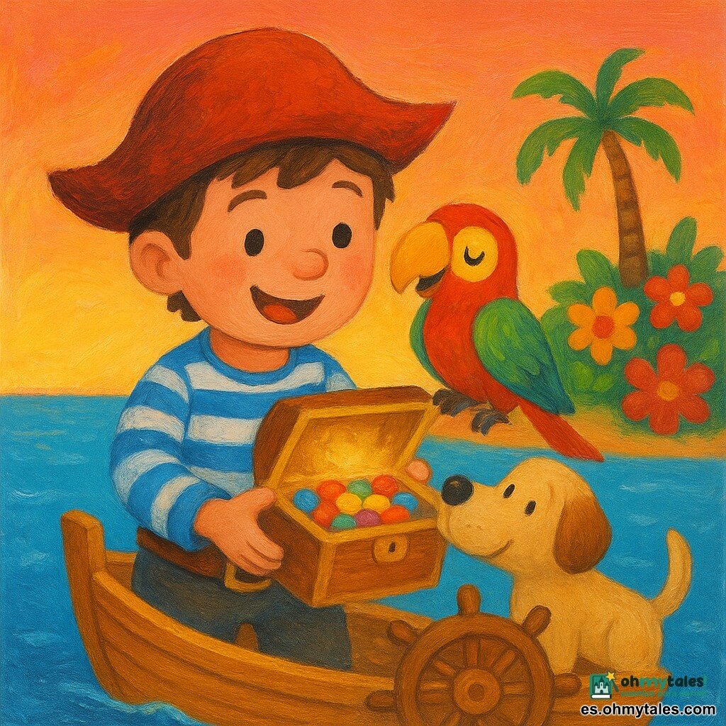 Un joven pirata sonriente y maravillado sostiene una pequeña caja brillante abierta; lleva sombrero rojo gastado, camisa de rayas azul y blanca, cinturón de cuero y botas marrones. Un loro llamado Paco, de plumaje verde y rojo, posado en su hombro derecho, canta mirando la caja. Un perro macho llamado Max, de tamaño mediano y pelaje beige, mueve la cola junto al pirata y olfatea la caja. El barco es pequeño de madera clara con velas blancas, timón redondo y jarcias visibles. Al fondo, una isla baja con grandes flores coloridas y una palmera; el mar es azul claro con pequeñas olas brillantes. El cielo al atardecer en tonos naranjas y rosas, luz cálida que ilumina los rostros. Escena principal: el pirata abre una caja llena de caramelos coloridos; expresión de alegría y reparto entre amigos, composición simple y legible para niños pequeños.
