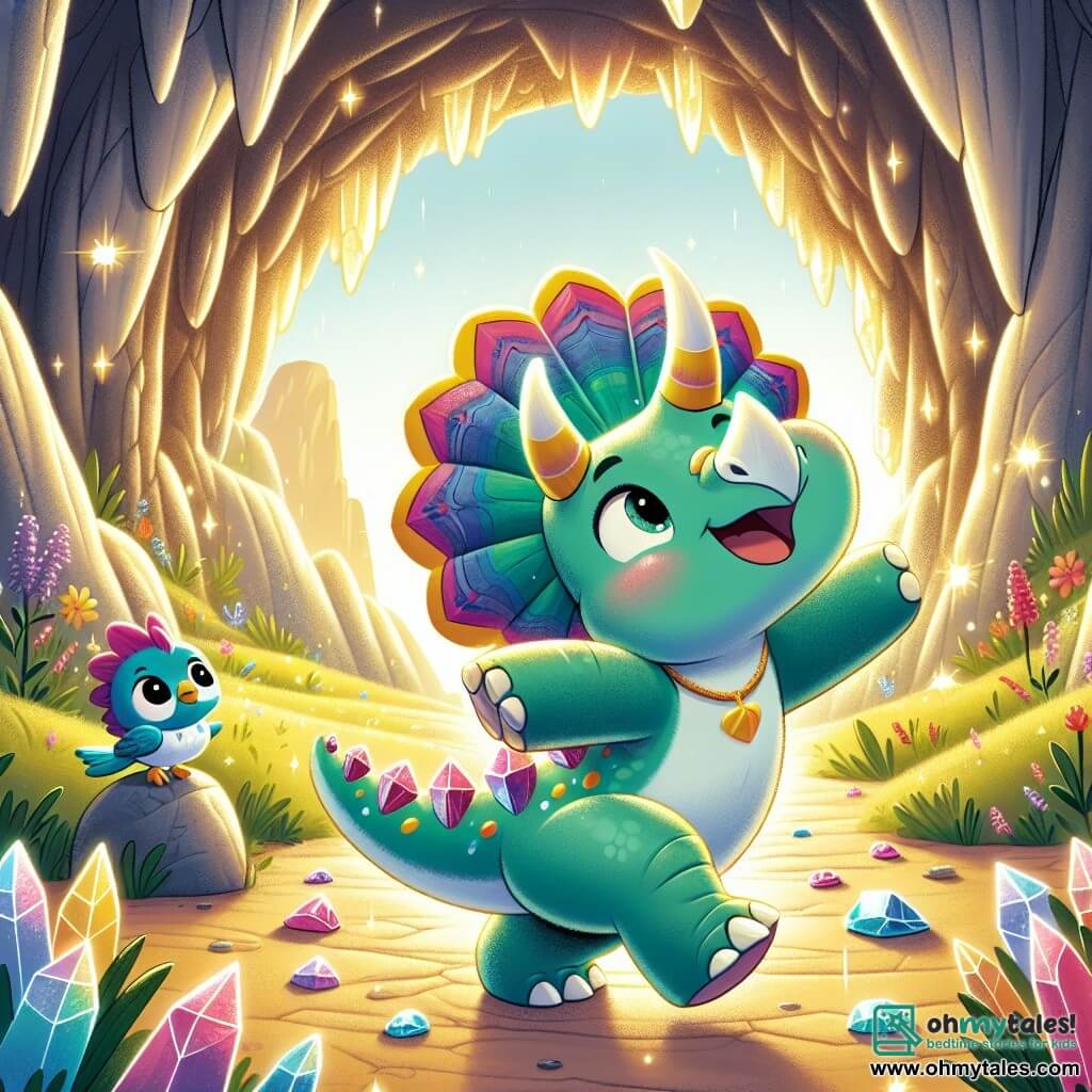 Trixie, a cheerful triceratops with three large horns and a colorful frill, dances with a big smile in a magical cave filled with bright, sparkling stones. Her scales are a vibrant green, and her eyes sparkle with wonder. At the cave entrance, a small blue bird named Pico, curious and friendly, watches Trixie with fascination, gently flapping his little wings while perched on a stone, ready to take flight. The cave is surrounded by rock walls adorned with glowing crystals, and outside, colorful flowers and tall grasses sway in the gentle breeze. Sunlight streams through the entrance, bathing the scene in golden light. In this main scene, Trixie discovers the beauty of the magical cave, joyfully dancing among the sparkling stones while Pico encourages her from his perch.