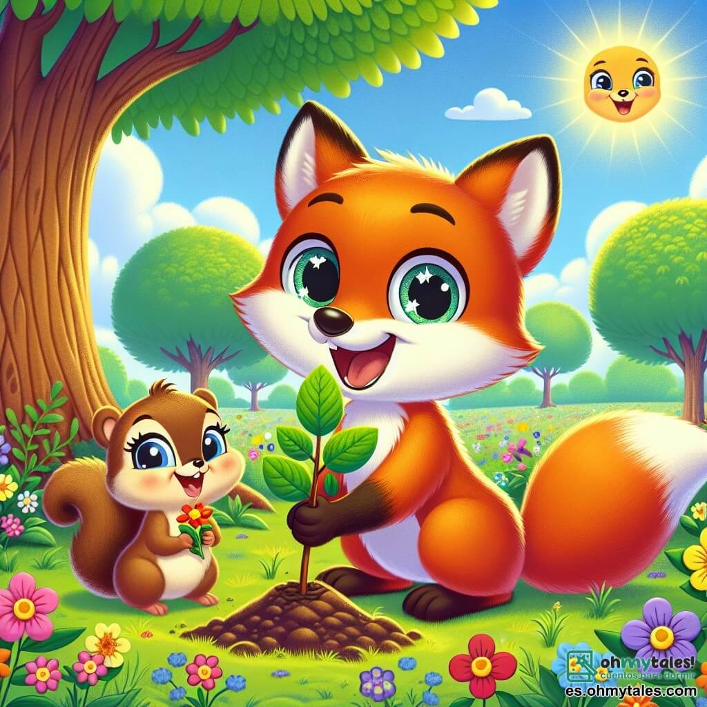 Un pequeño zorro llamado Félix, con un pelaje naranja brillante y ojos llenos de curiosidad, está plantando un brote en un jardín soleado. Sonríe con entusiasmo y determinación. A su lado, una pequeña ardilla llamada Sofía, con pelaje marrón y una cola esponjosa, lo anima con una mirada alegre, sosteniendo una flor colorida en sus pequeñas patas. El jardín está rodeado de árboles majestuosos con hojas verdes brillantes y flores multicolores, creando una atmósfera alegre y acogedora. El cielo es azul, con algunas nubes blancas, y los rayos del sol iluminan la escena, brindando calor estival. Félix y Sofía trabajan juntos para plantar árboles y flores, simbolizando su compromiso de cuidar su bosque y disfrutar del verano juntos.