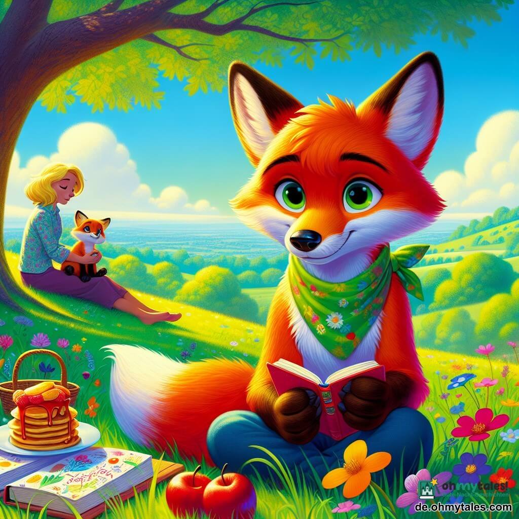 Lio, ein junger Fuchs mit leuchtenden Augen und strahlend rotem Fell, sitzt auf einem grünen Hügel mit einem melancholischen Ausdruck, der eine leichte Traurigkeit verrät. Er hält ein kleines Notizbuch in seinen Pfoten und blättert durch Seiten mit bunten Zeichnungen und süßen Worten. In der Nähe steht seine Mutter, eine Fähe mit goldenem Fell und sanften Augen, die mit einem tröstlichen Lächeln und einem blumigen Schal eine Platte mit köstlichen Crêpes hält. Ihr Blick ist zärtlich, aber ein Hauch von Besorgnis schimmert in ihren Augen. Sein Vater, ein größerer Fuchs mit dunkelbraunem Fell und weißen Flecken auf der Schnauze, sitzt auf einem Stein und beobachtet seinen Sohn nachdenklich mit verschränkten Armen, als ob er über tröstende Worte nachdenkt. Die Szene spielt sich auf einer sonnigen Wiese ab, die mit bunten Wildblumen übersät ist, unter einem großen Eichenbaum mit dichtem Laub, der Schatten spendet. Im Hintergrund erstrecken sich sanfte Hügel bis zum Horizont unter einem blauen Himmel mit fluffigen weißen Wolken. Die Hauptsituation zeigt Lio, der zwischen seinen beiden Eltern steht und in sein Notizbuch blättert, während seine Mutter und sein Vater sich verständnisvolle Blicke zuwerfen, jeder versucht, die richtigen Worte zu finden, um die Ängste ihres Sohnes zu lindern.