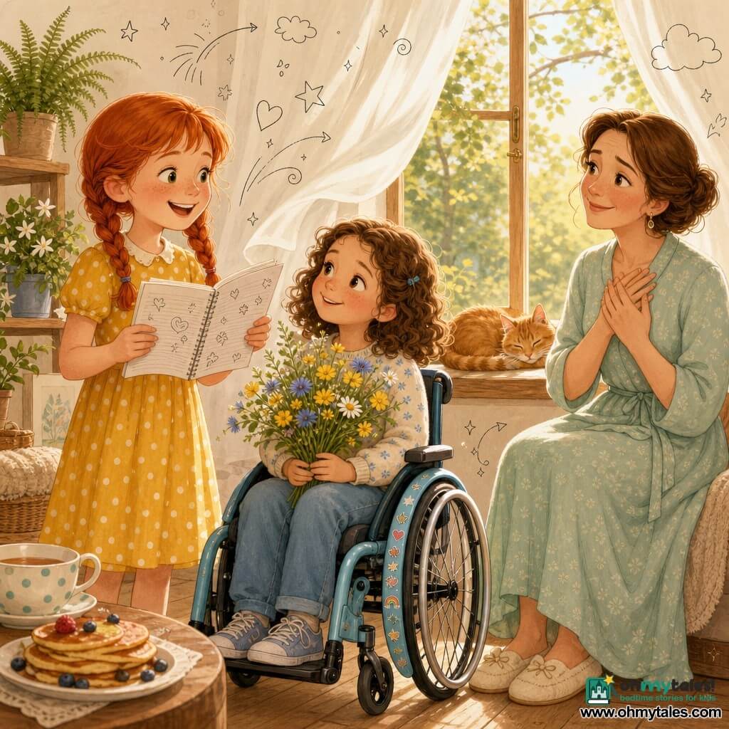 Three characters: Ruby, about 8, red hair in braids, freckles, yellow polka-dot dress, left of frame holding an open notebook and reading a poem with a big smile; Lila, about 8, curly brown hair, light blue decorated wheelchair center, offering a wildflower bouquet (yellow buttercups, white daisies, a few cornflowers) and looking at Ruby with admiration; Mrs. Bennett, about 35, fair skin, chestnut hair, mint house dress, right by the window with hands on her heart and teary, joyful eyes. Setting: bright living room by a large open window with light white curtains, a light wood windowsill with a sleeping ginger cat (Marmalade), warm parquet floor, small table with a polka-dot teacup and a plate of pancakes, potted fern and jasmine on a shelf. Main scene: tender, joyful Mother's Day gift moment—Ruby reads a poem, Lila gives the bouquet, the mother is moved; warm late-afternoon golden light, soft pastel colors, visible paper and petal textures, gentle naive illustrative style with small heart and star doodles around them.